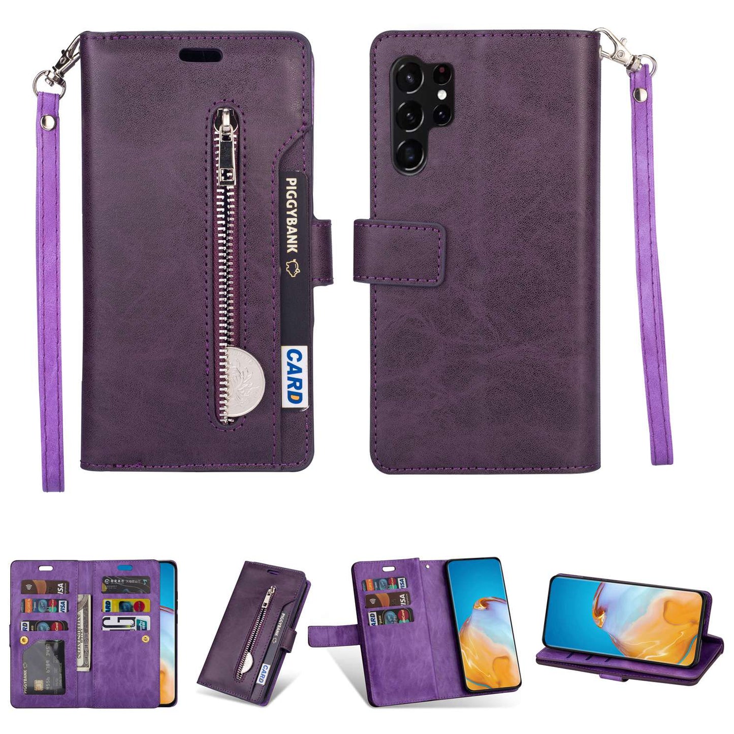 For Samsung Galaxy S24 Ultra Case Zipper Pocket Multiple Card Slots Phone Cover - Purple