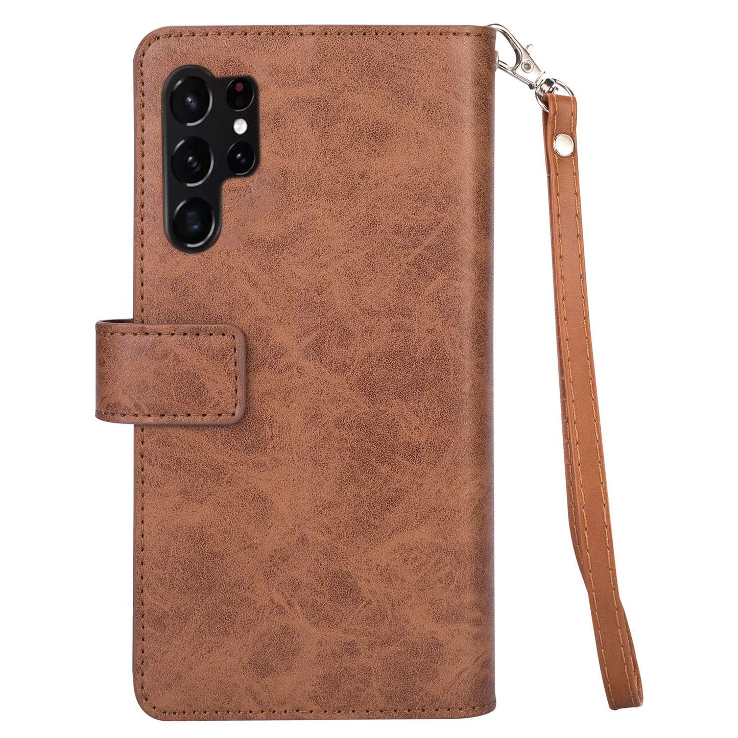 For Samsung Galaxy S24 Ultra Case Zipper Pocket Multiple Card Slots Phone Cover - Brown