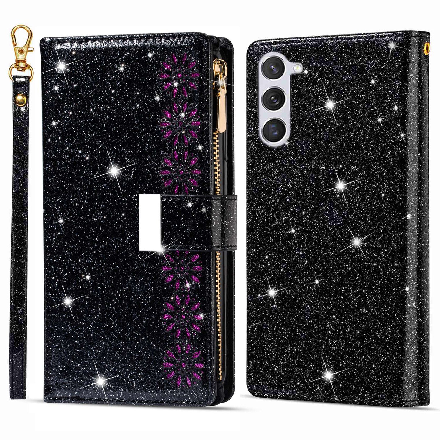 For Samsung Galaxy S24+ Case Zipper Wallet Glittery Leather Phone Cover - Black