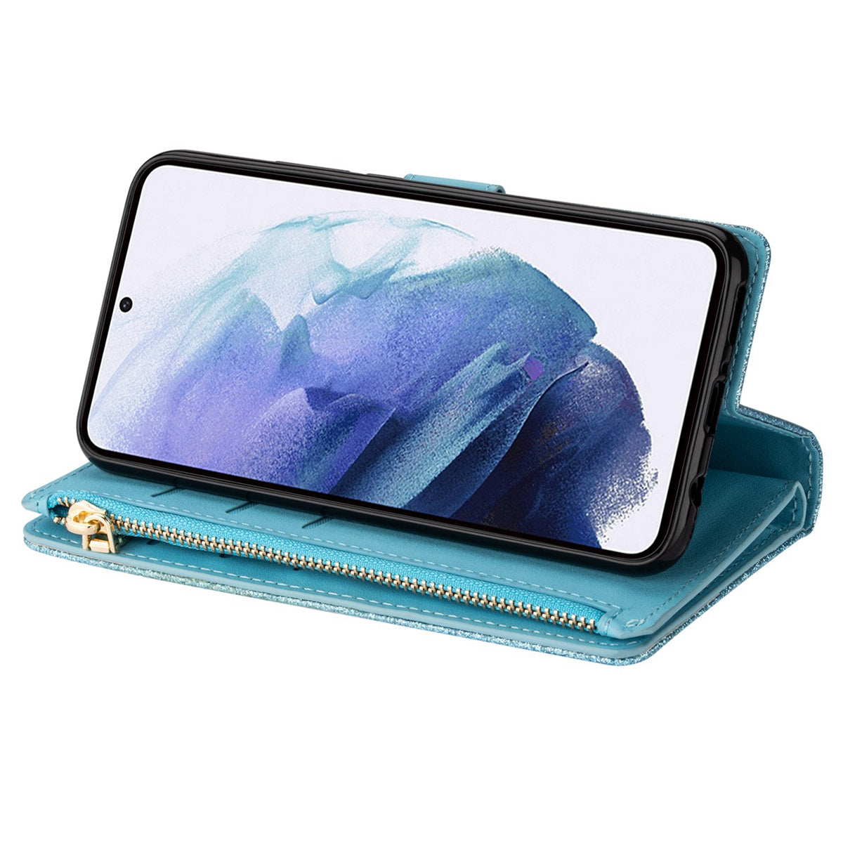 For Samsung Galaxy S24+ Case Zipper Wallet Glittery Leather Phone Cover - Blue