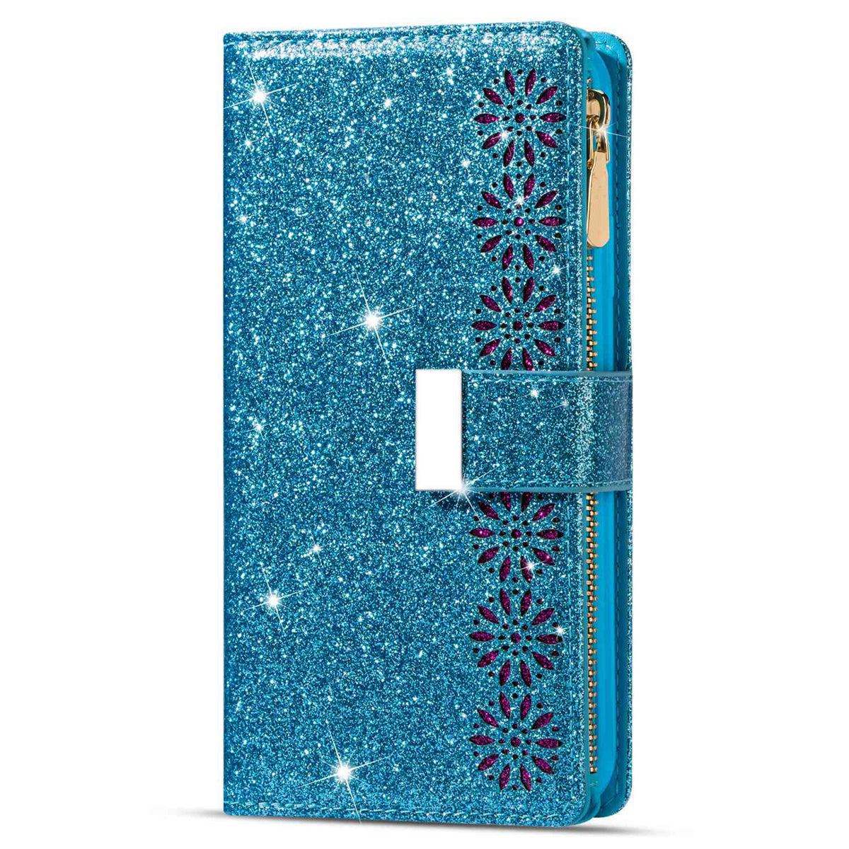 For Samsung Galaxy S24+ Case Zipper Wallet Glittery Leather Phone Cover - Blue