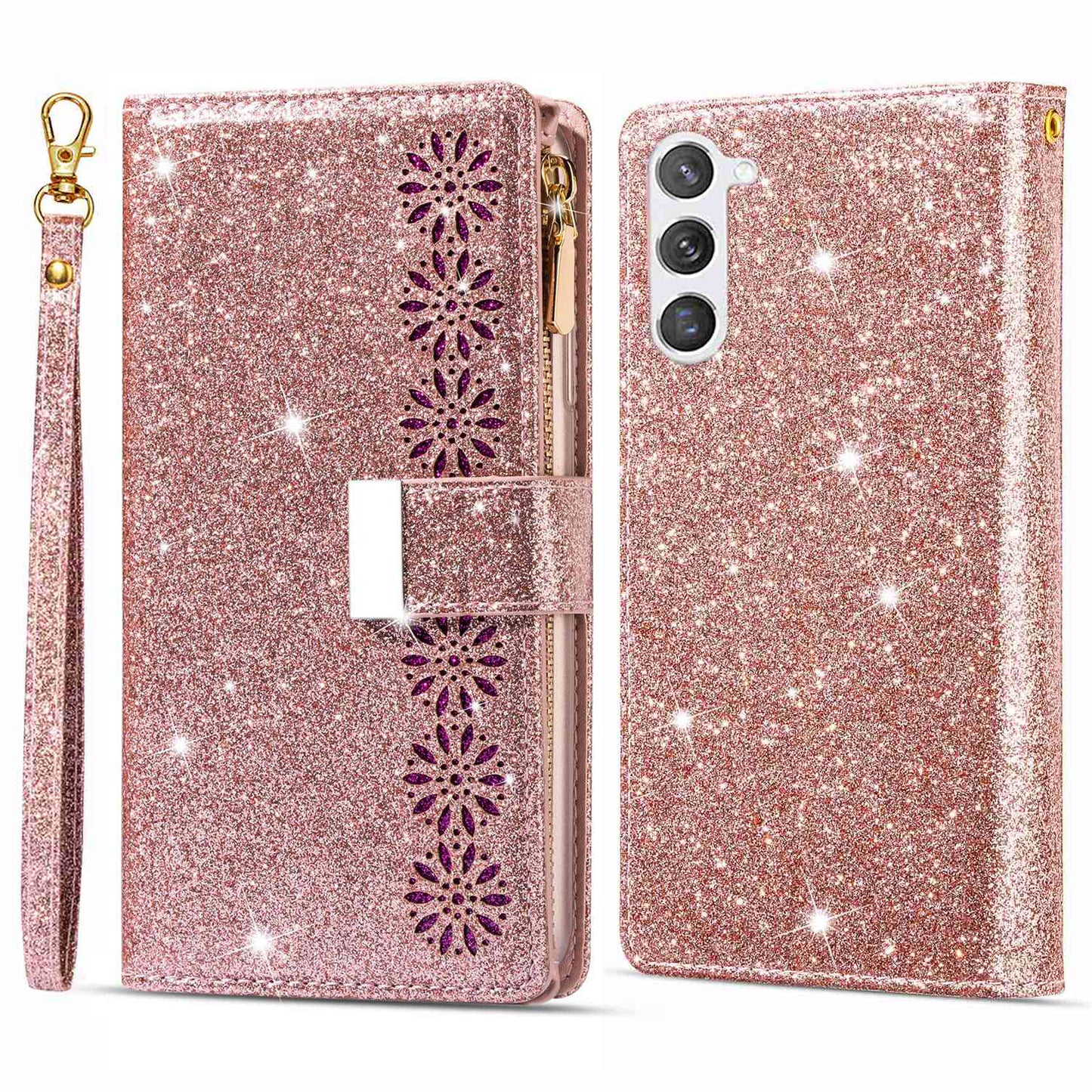 For Samsung Galaxy S24+ Case Zipper Wallet Glittery Leather Phone Cover - Rose Gold