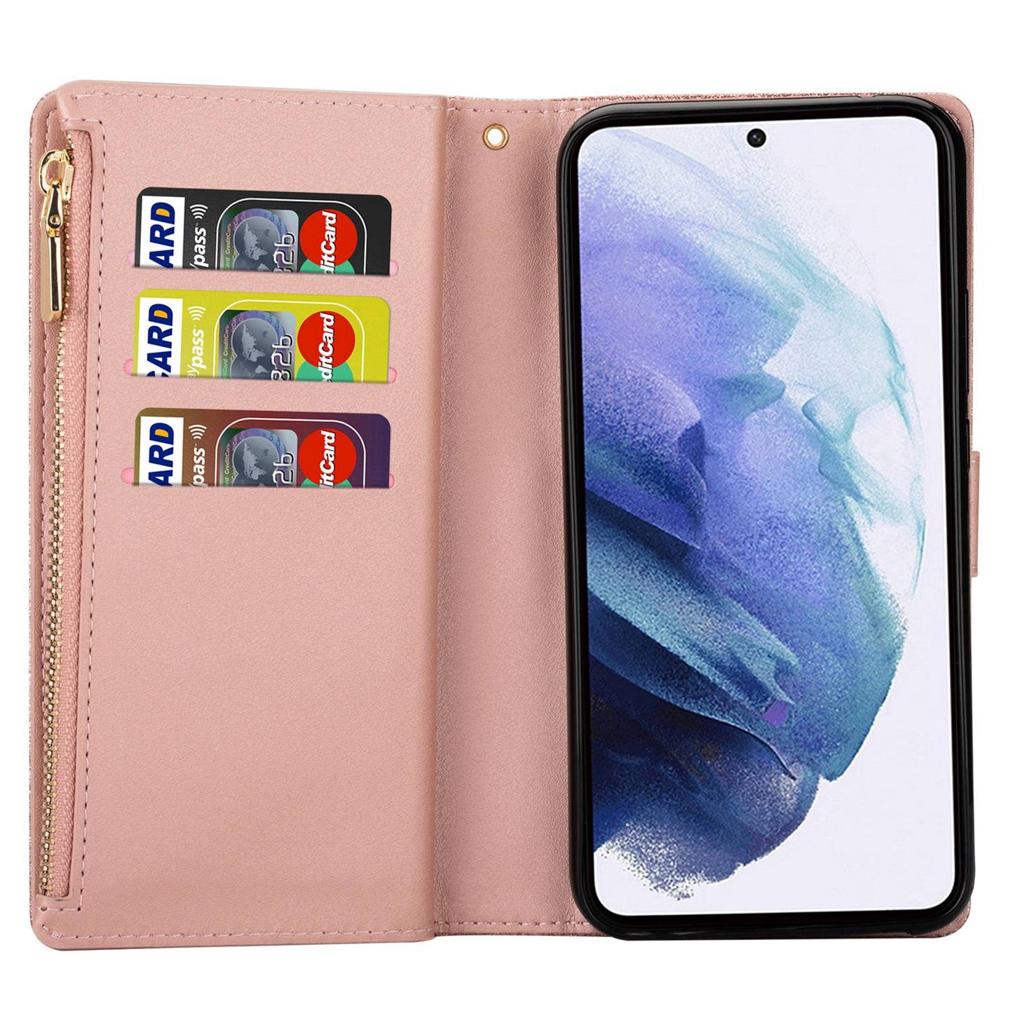 For Samsung Galaxy S24+ Case Zipper Wallet Glittery Leather Phone Cover - Rose Gold