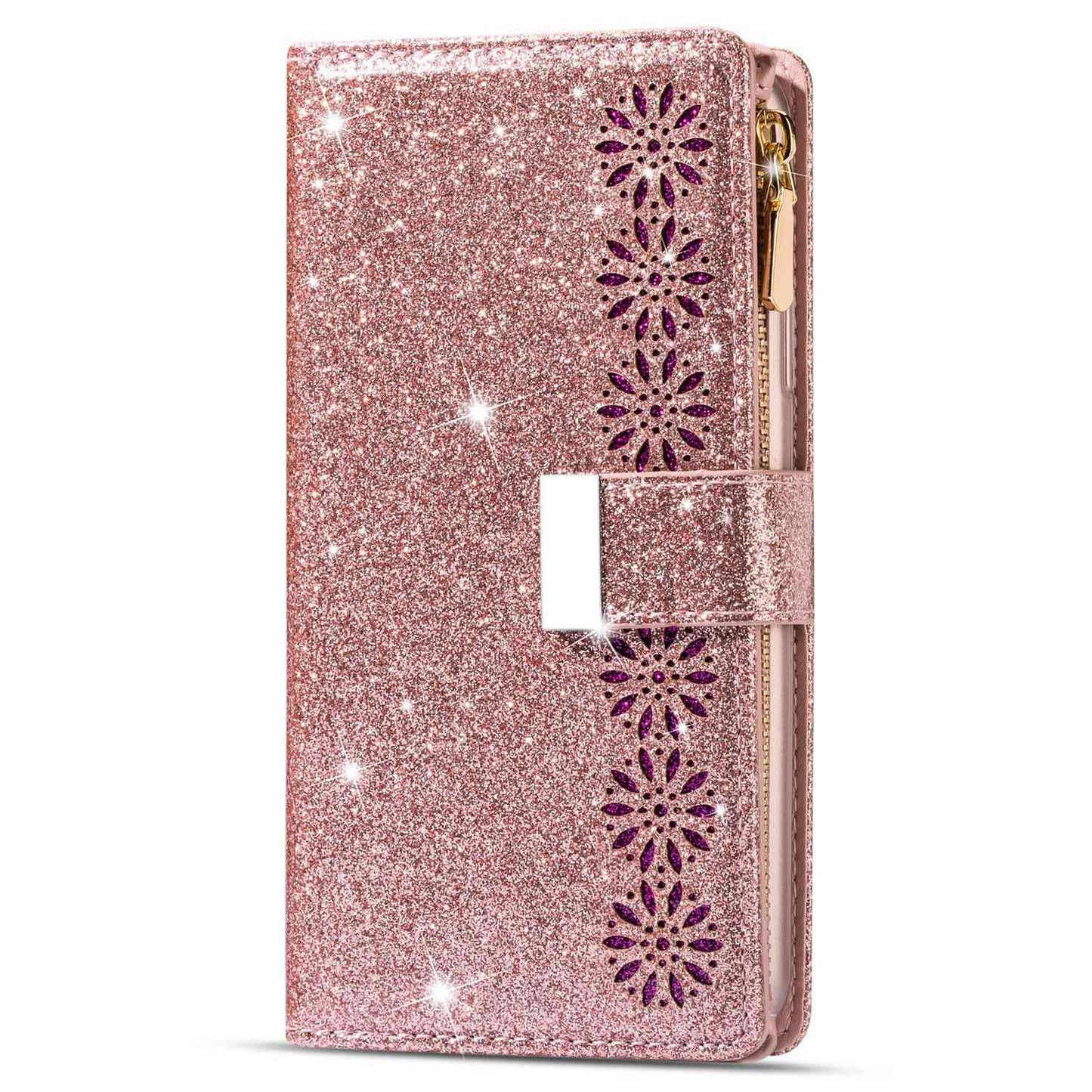 For Samsung Galaxy S24+ Case Zipper Wallet Glittery Leather Phone Cover - Rose Gold