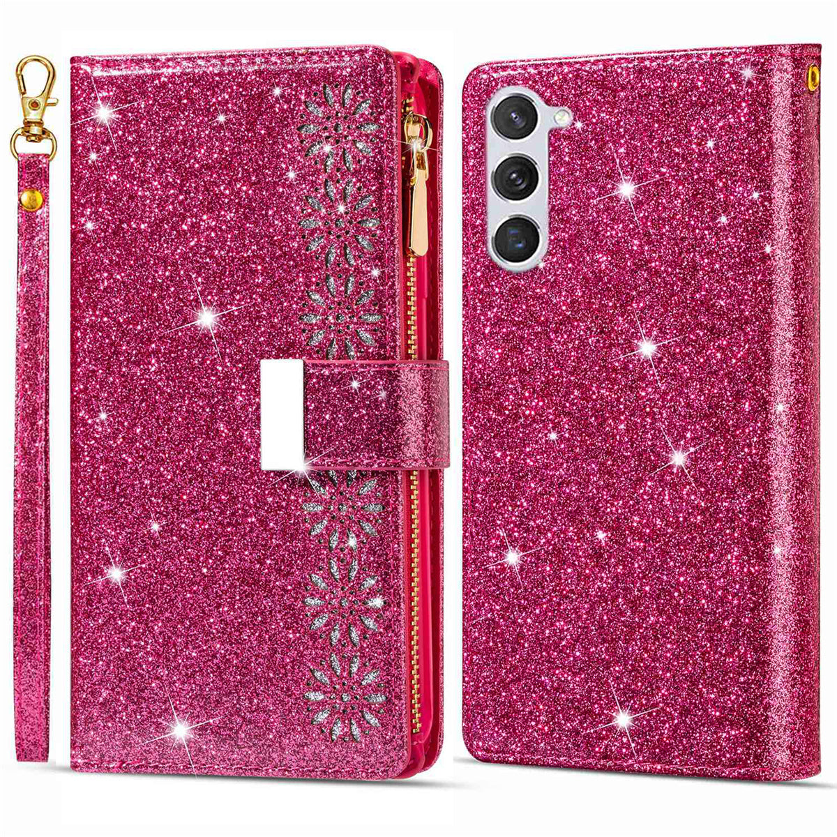For Samsung Galaxy S24+ Case Zipper Wallet Glittery Leather Phone Cover - Rose