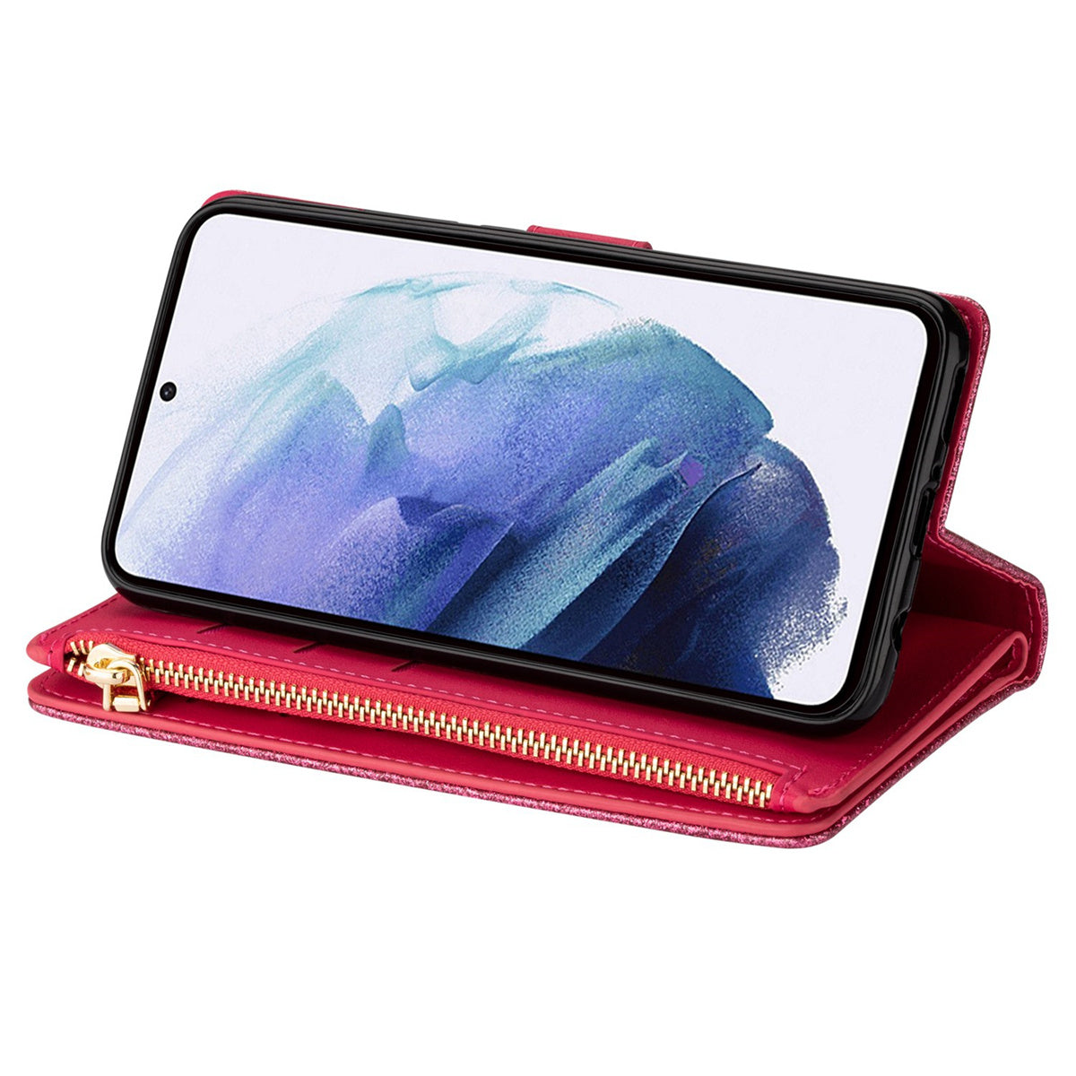 For Samsung Galaxy S24+ Case Zipper Wallet Glittery Leather Phone Cover - Rose