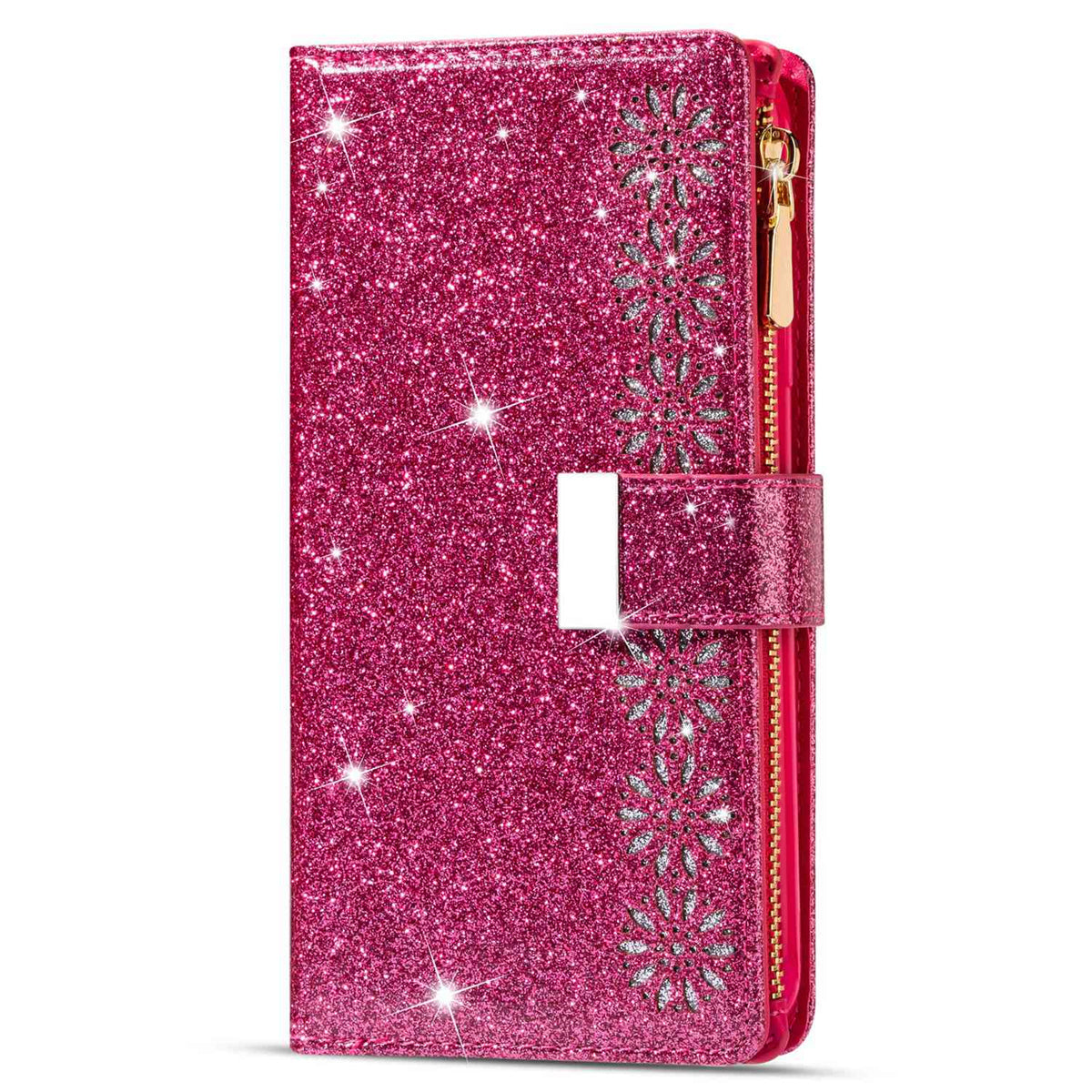 For Samsung Galaxy S24+ Case Zipper Wallet Glittery Leather Phone Cover - Rose