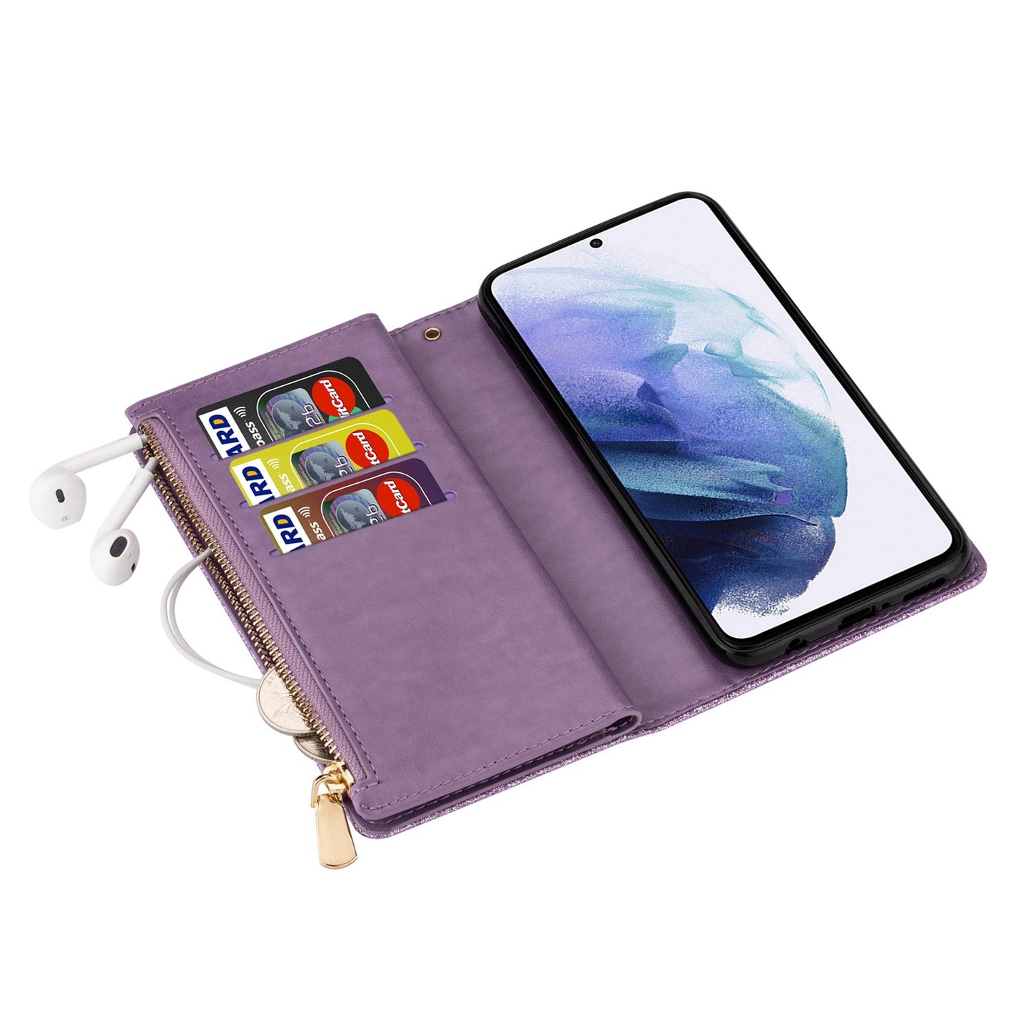 For Samsung Galaxy S24+ Case Zipper Wallet Glittery Leather Phone Cover - Purple