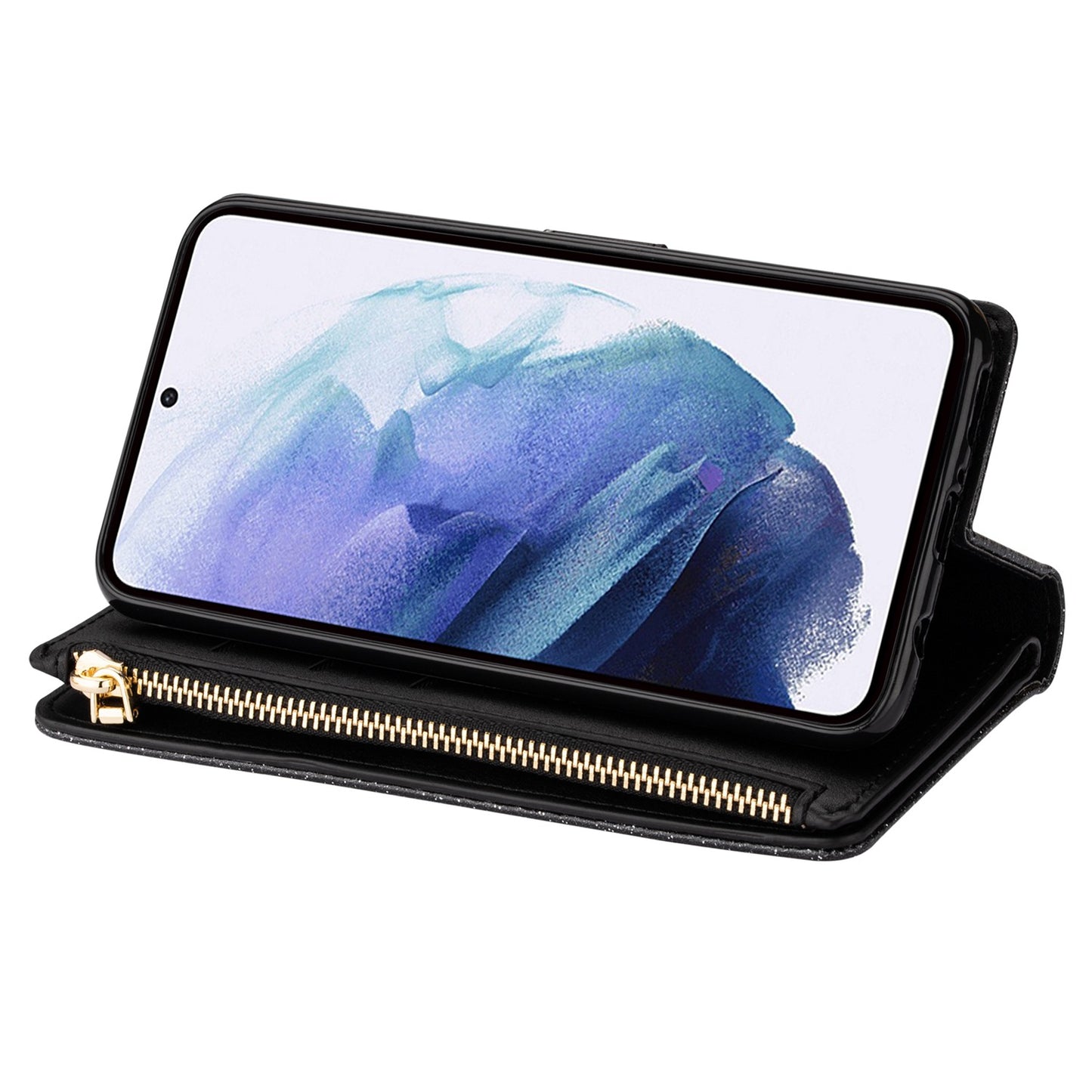 For Samsung Galaxy S24 Case Laser Carving Leather Phone Cover with Zipper Wallet - Black