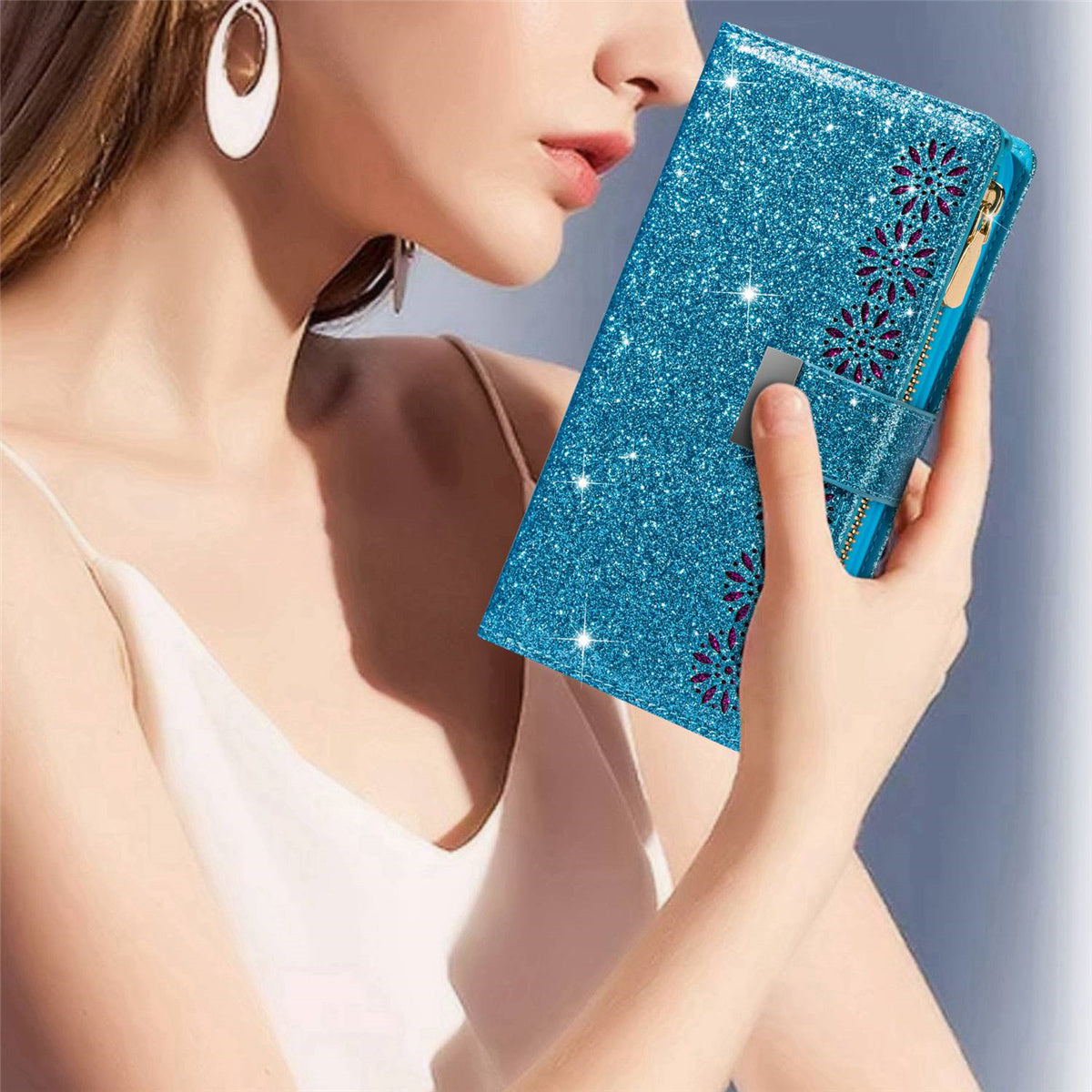 For Samsung Galaxy S24 Case Laser Carving Leather Phone Cover with Zipper Wallet - Blue