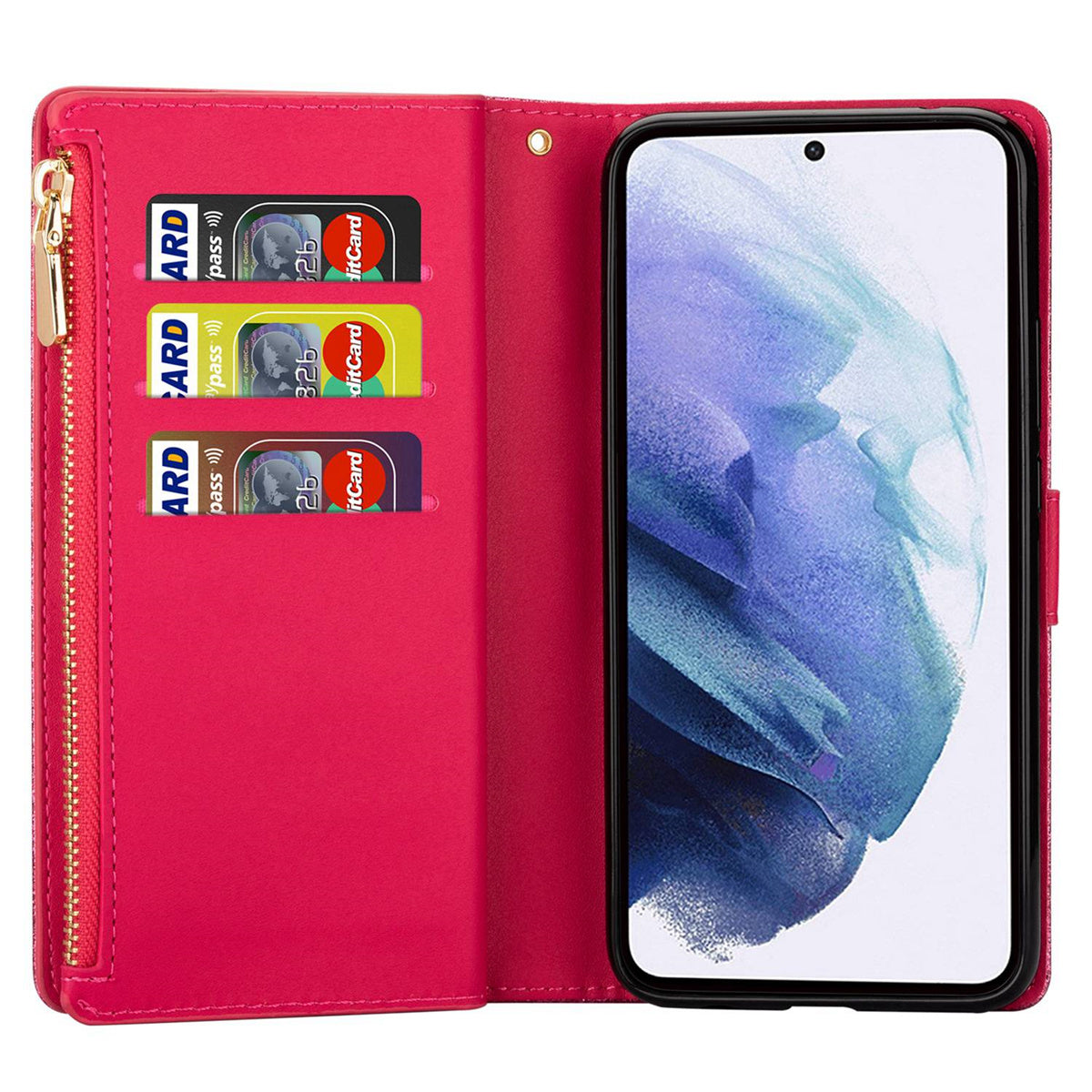 For Samsung Galaxy S24 Case Laser Carving Leather Phone Cover with Zipper Wallet - Rose