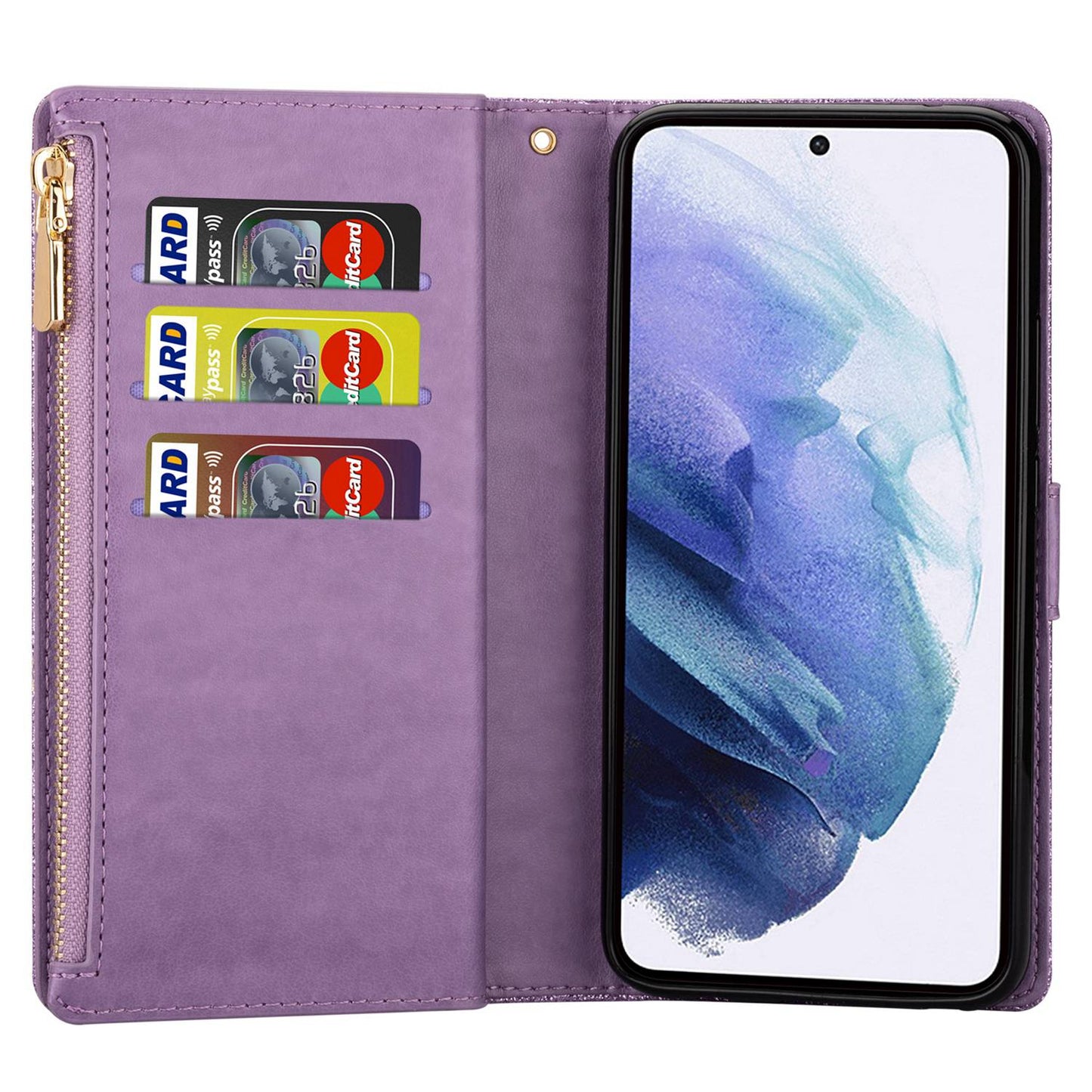 For Samsung Galaxy S24 Case Laser Carving Leather Phone Cover with Zipper Wallet - Purple