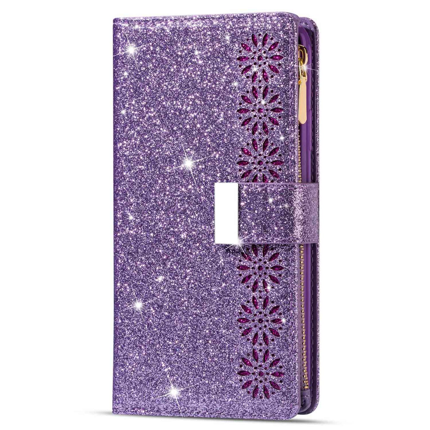 For Samsung Galaxy S24 Case Laser Carving Leather Phone Cover with Zipper Wallet - Purple