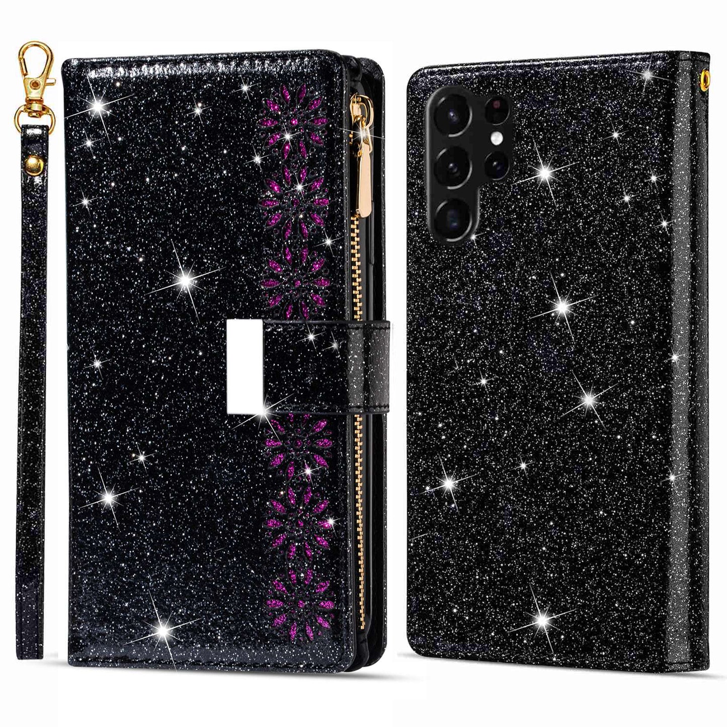 For Samsung Galaxy S24 Ultra Leather Case Zipper Wallet Glittery Phone Cover - Black