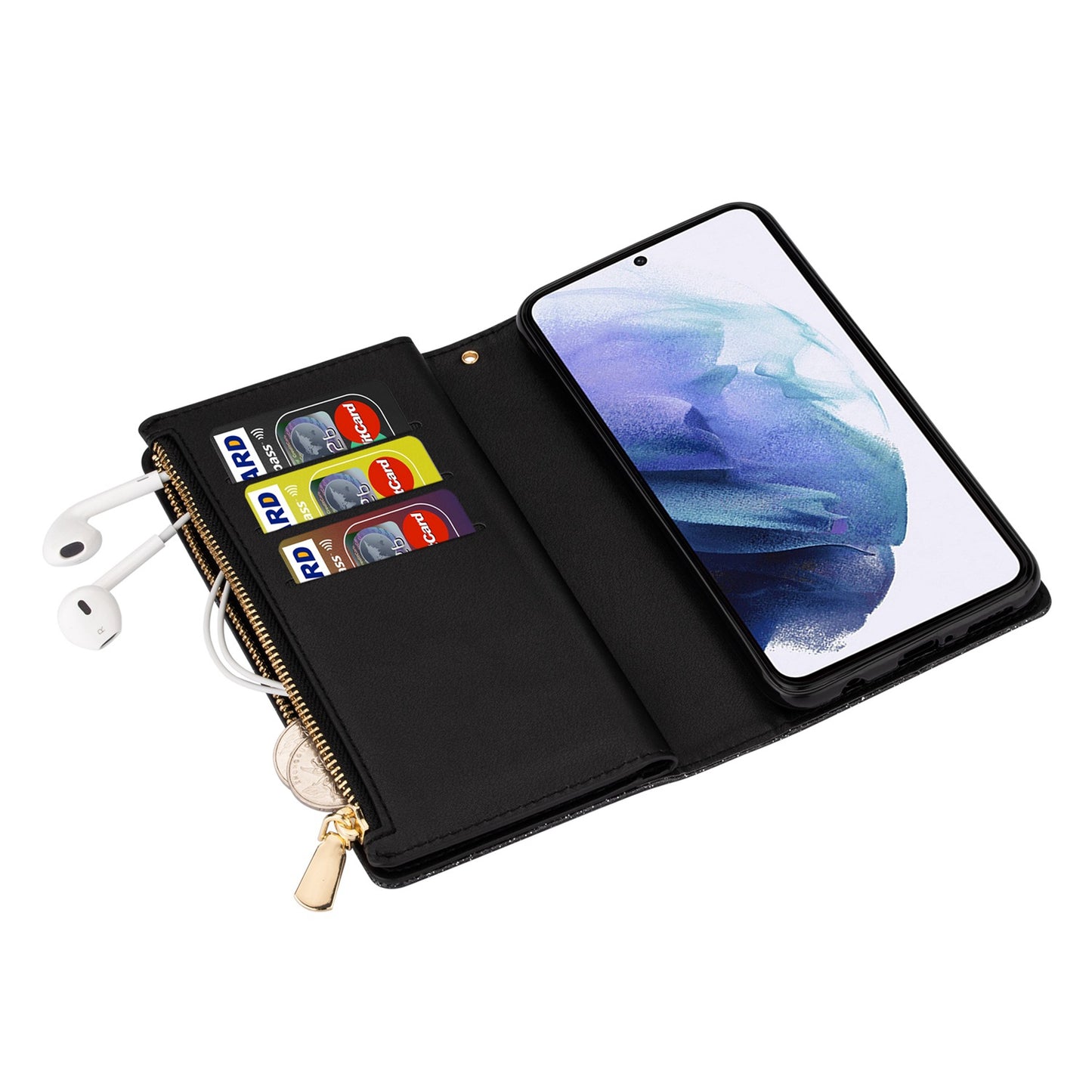 For Samsung Galaxy S24 Ultra Leather Case Zipper Wallet Glittery Phone Cover - Black