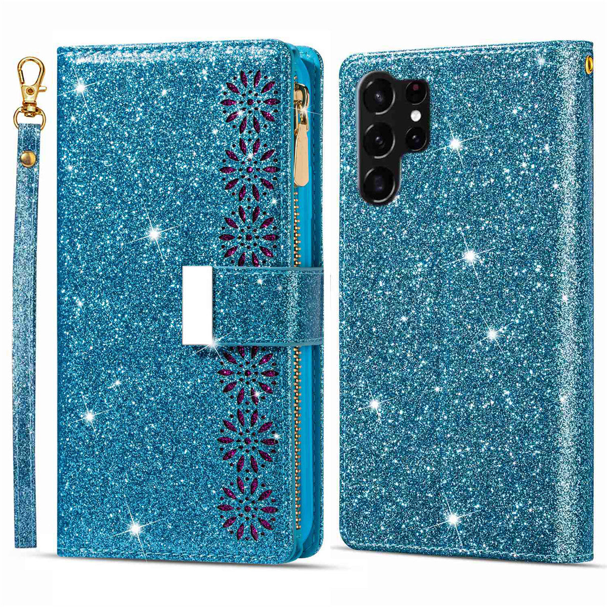 For Samsung Galaxy S24 Ultra Leather Case Zipper Wallet Glittery Phone Cover - Blue