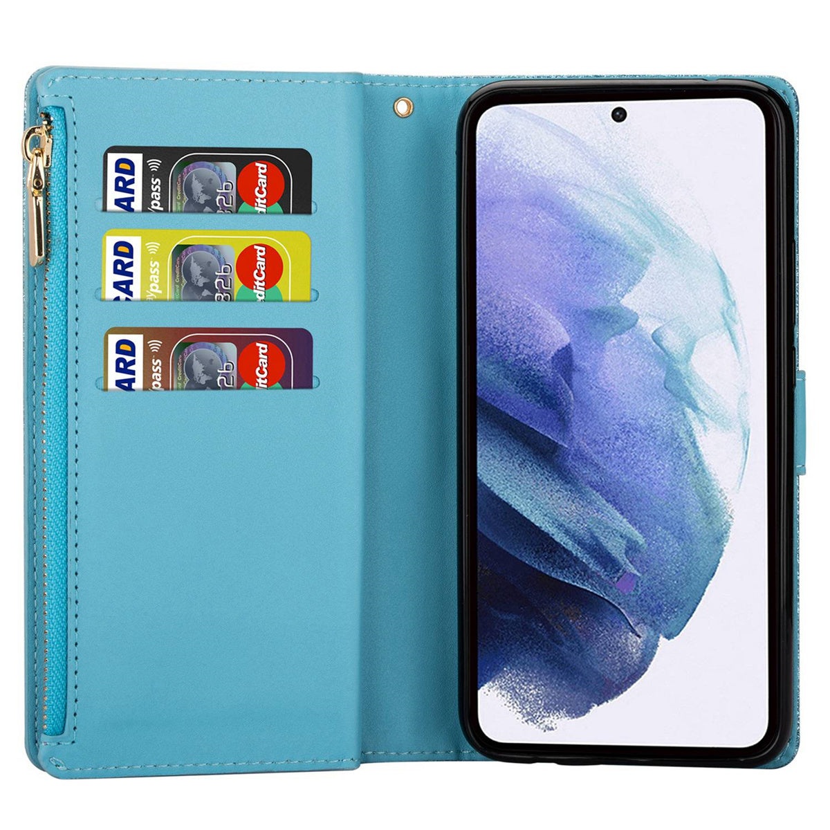 For Samsung Galaxy S24 Ultra Leather Case Zipper Wallet Glittery Phone Cover - Blue