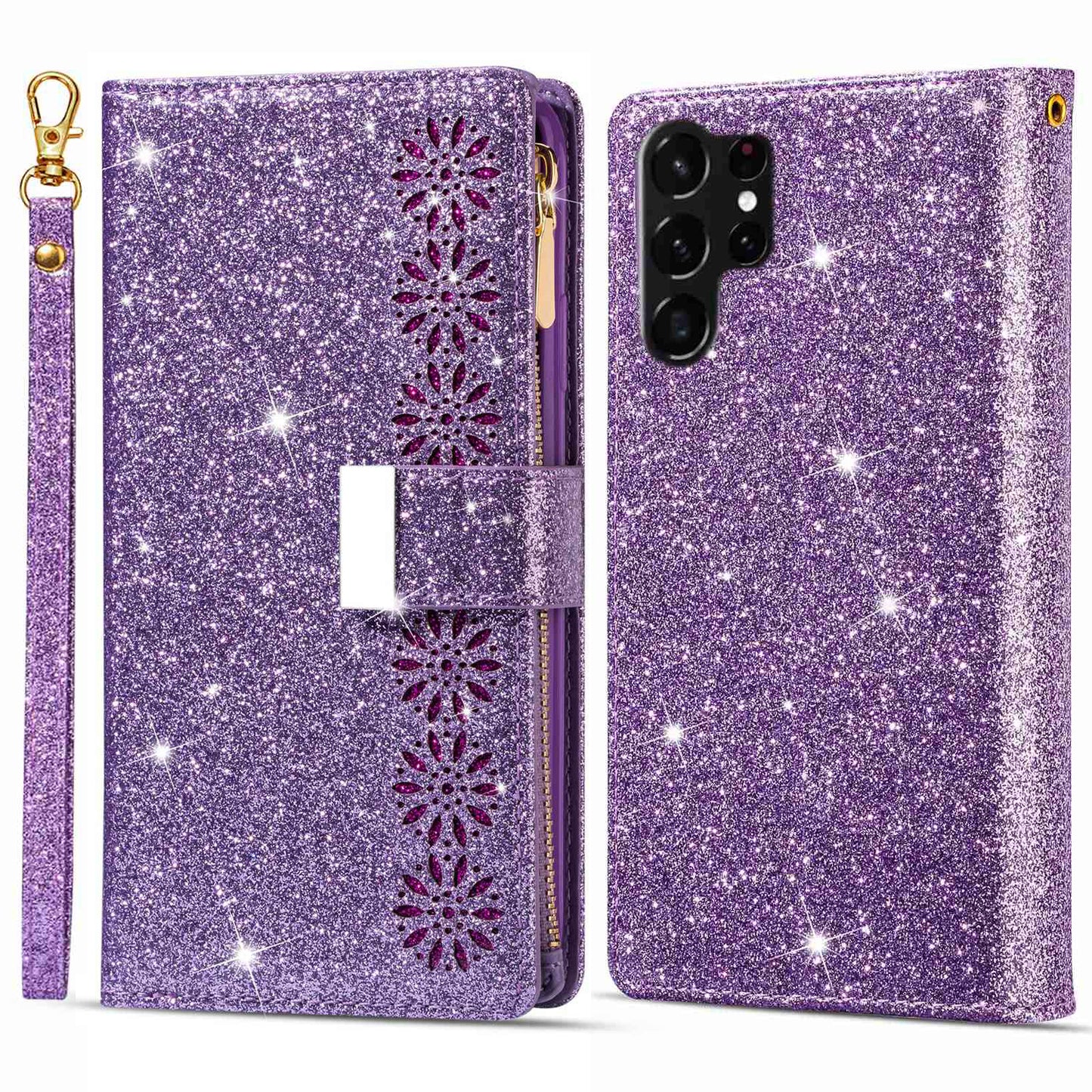 For Samsung Galaxy S24 Ultra Leather Case Zipper Wallet Glittery Phone Cover - Purple