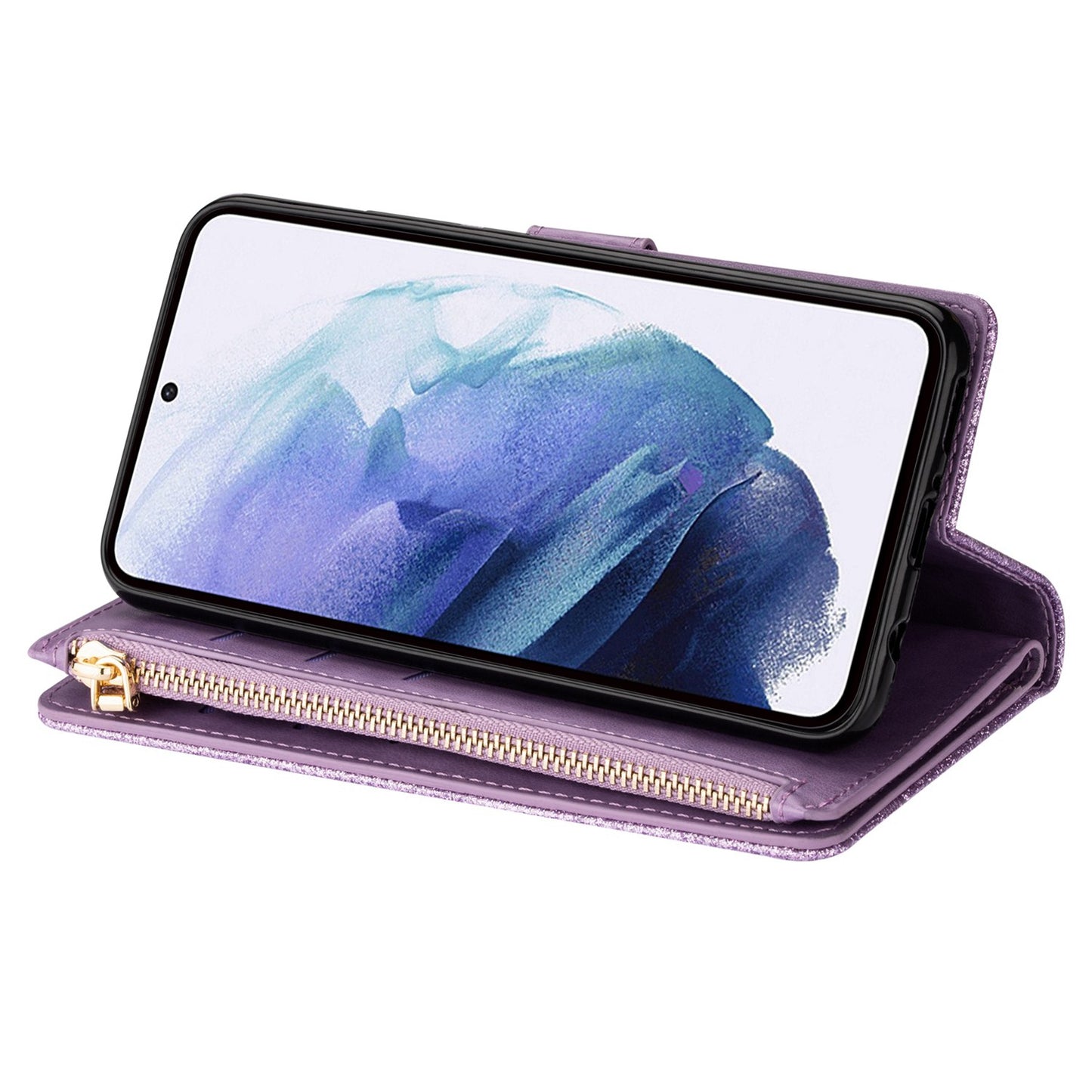 For Samsung Galaxy S24 Ultra Leather Case Zipper Wallet Glittery Phone Cover - Purple
