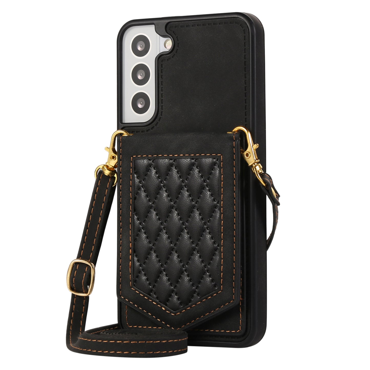 For Samsung Galaxy S24 Card Holder Cover Mirror Design Phone Case with Shoulder Strap - Black