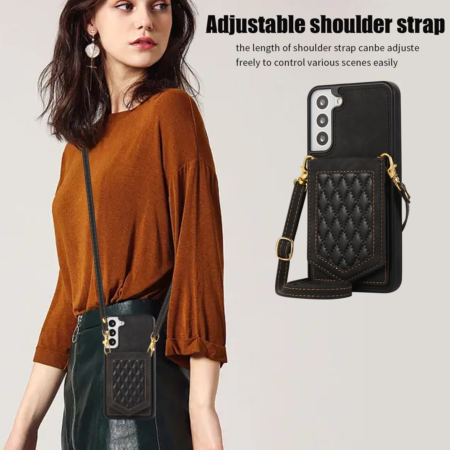 For Samsung Galaxy S24 Card Holder Cover Mirror Design Phone Case with Shoulder Strap - Black
