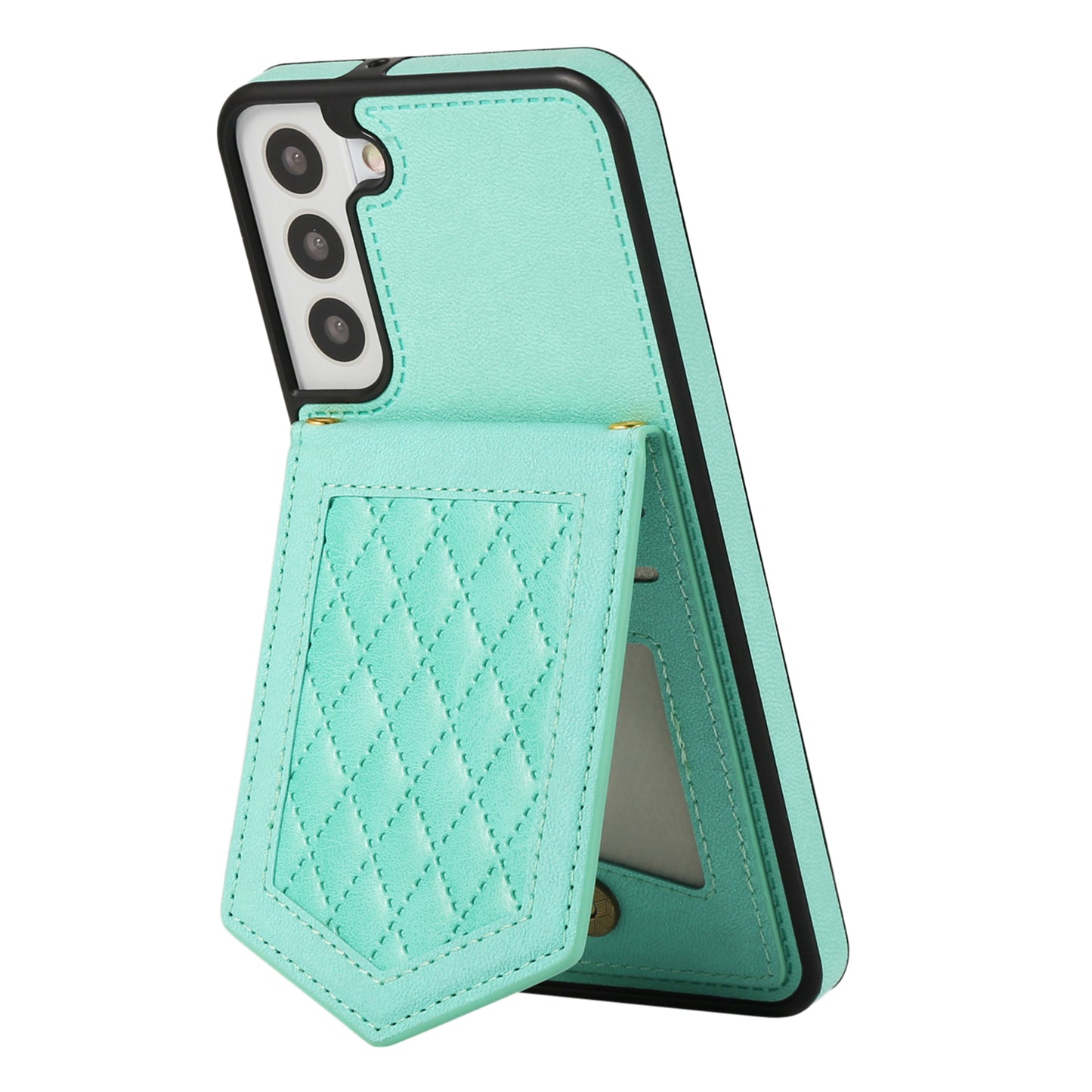 For Samsung Galaxy S24 Card Holder Cover Mirror Design Phone Case with Shoulder Strap - Mint Green