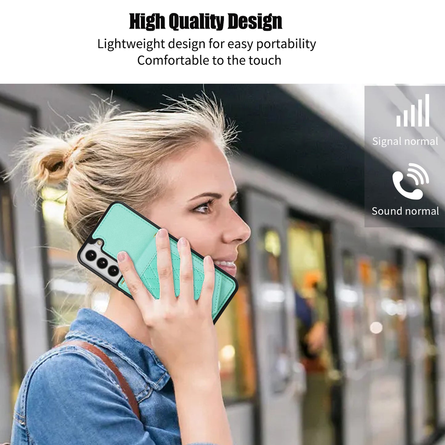 For Samsung Galaxy S24 Card Holder Cover Mirror Design Phone Case with Shoulder Strap - Mint Green