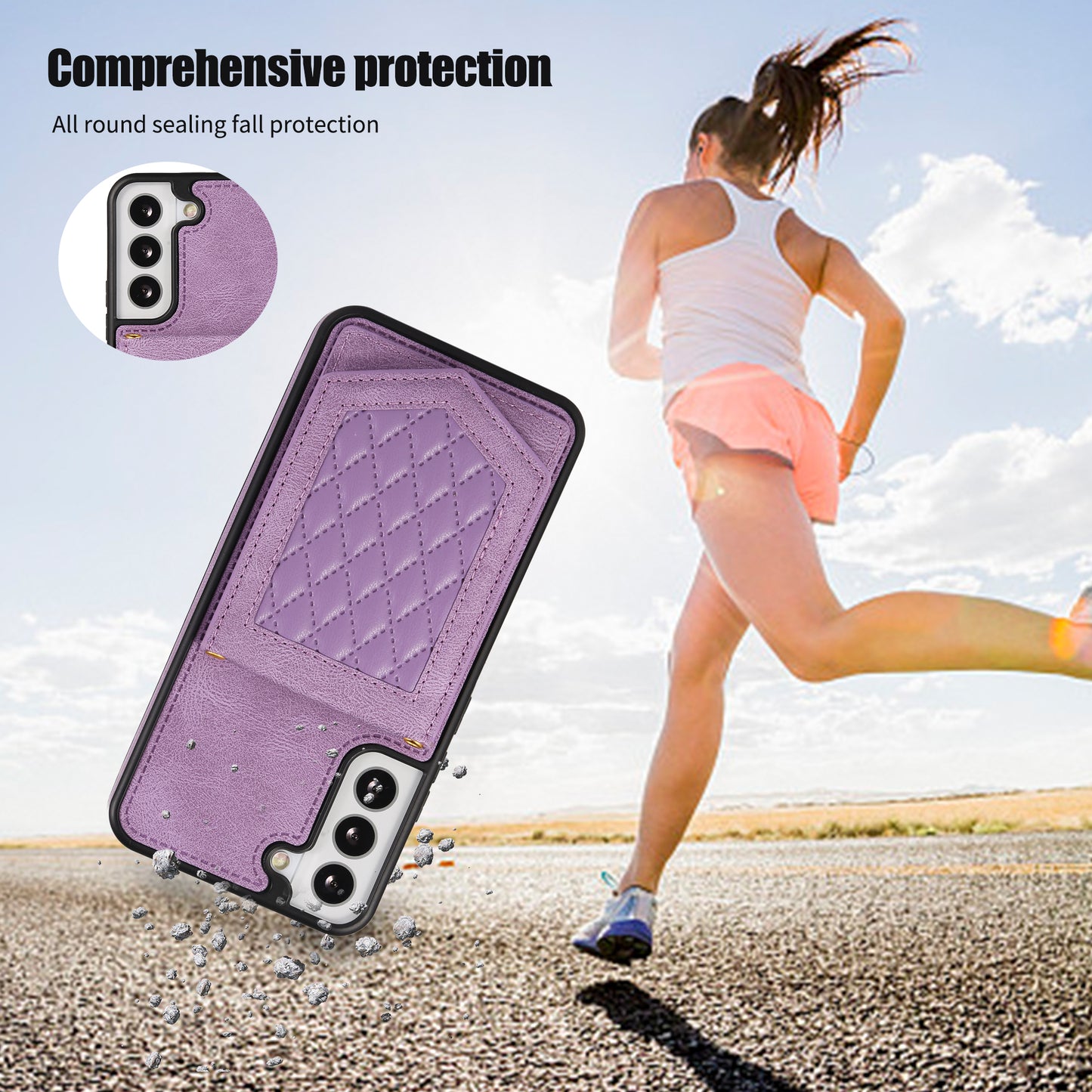 For Samsung Galaxy S24 Card Holder Cover Mirror Design Phone Case with Shoulder Strap - Purple