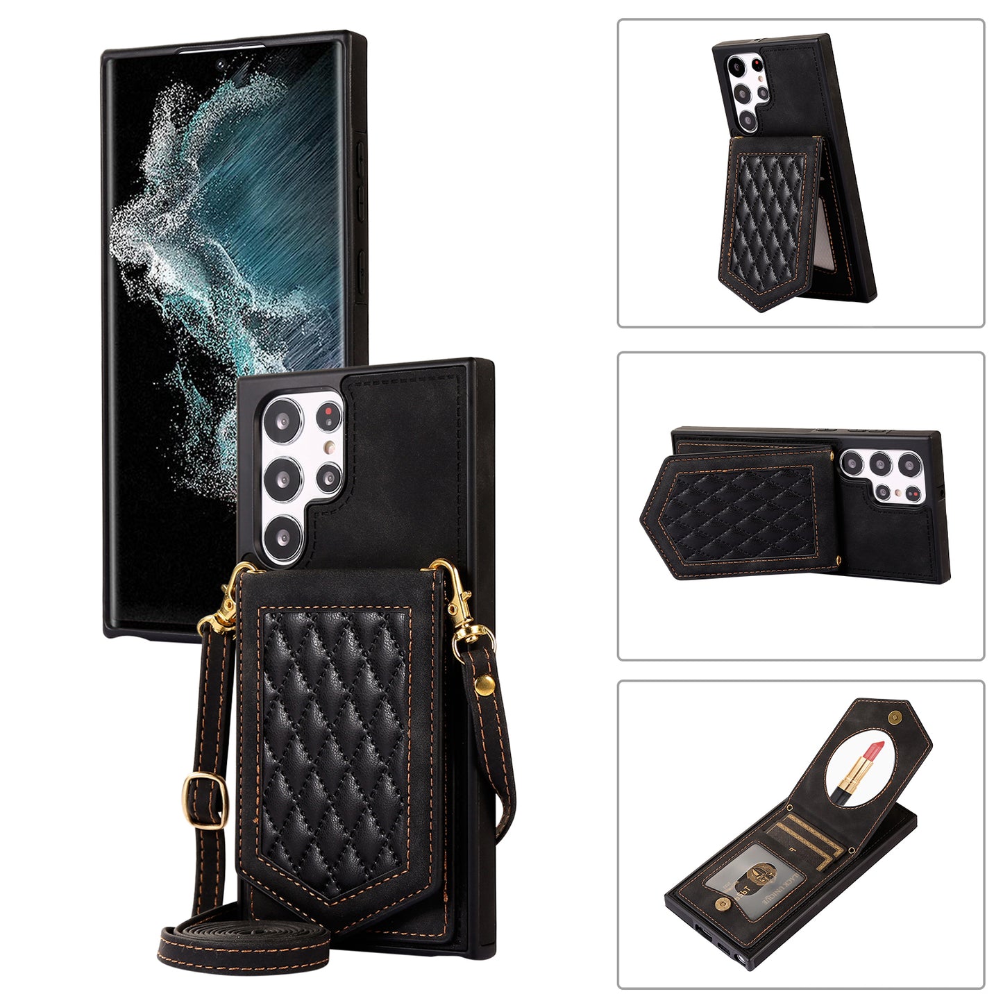 For Samsung Galaxy S24 Ultra Phone Case Kickstand Make Up Mirror Cover with Shoulder Strap - Black