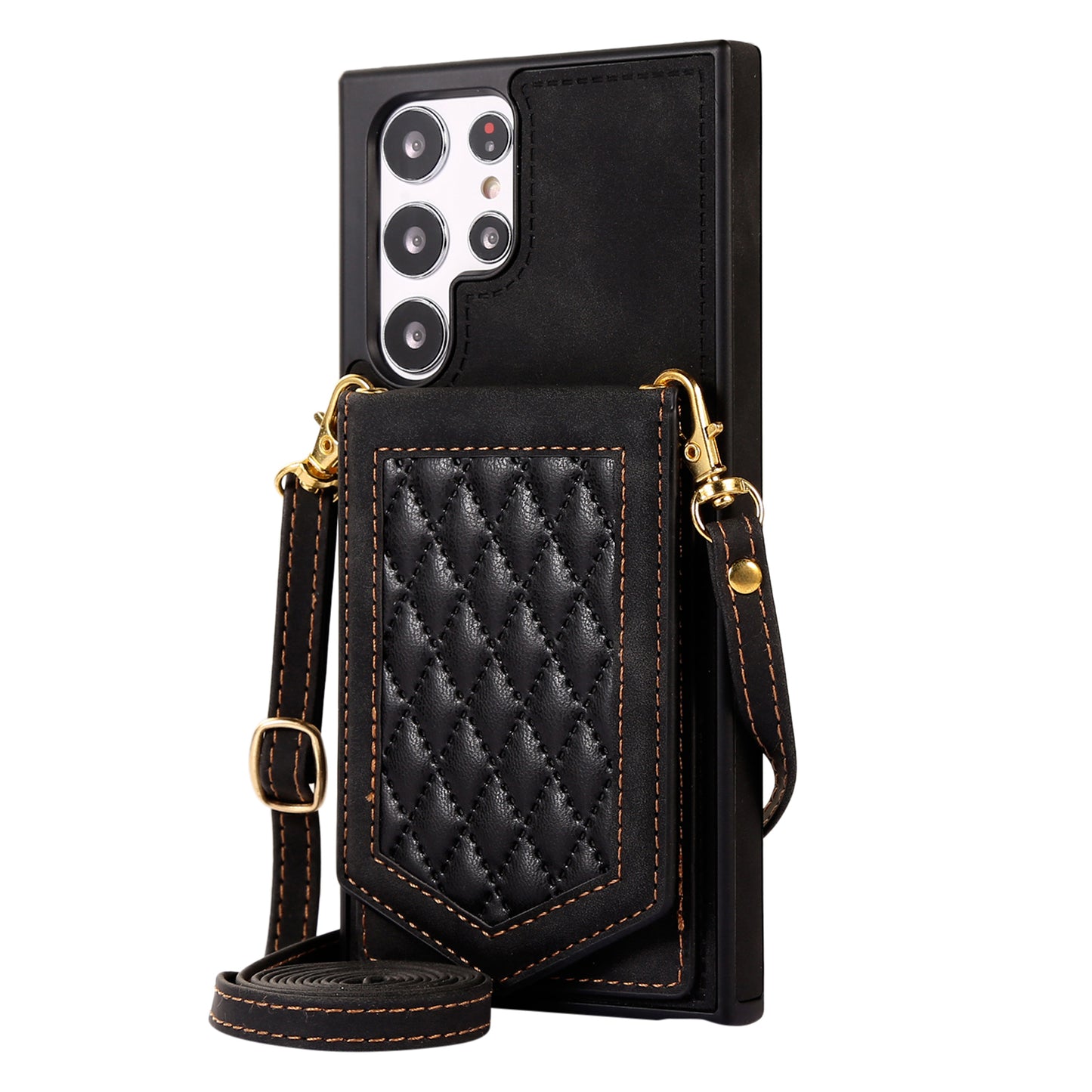 For Samsung Galaxy S24 Ultra Phone Case Kickstand Make Up Mirror Cover with Shoulder Strap - Black