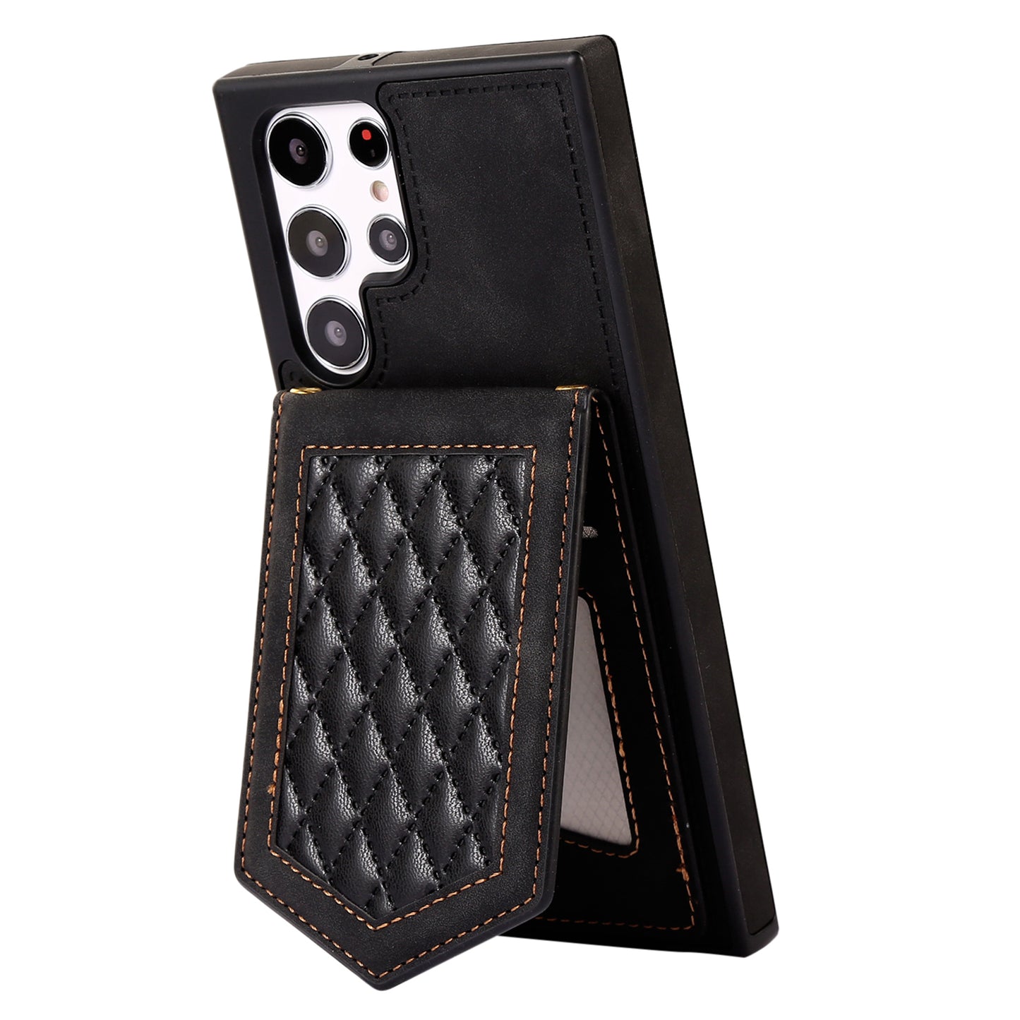 For Samsung Galaxy S24 Ultra Phone Case Kickstand Make Up Mirror Cover with Shoulder Strap - Black