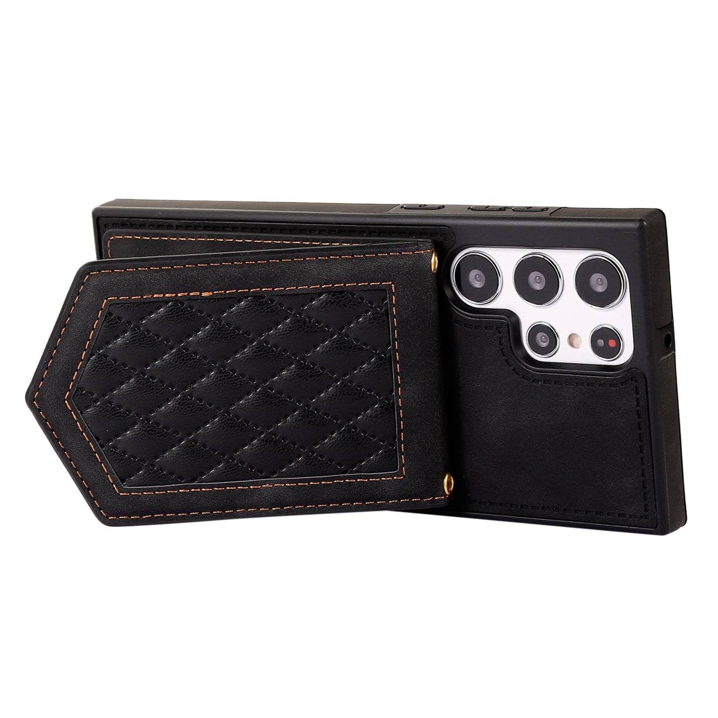 For Samsung Galaxy S24 Ultra Phone Case Kickstand Make Up Mirror Cover with Shoulder Strap - Black