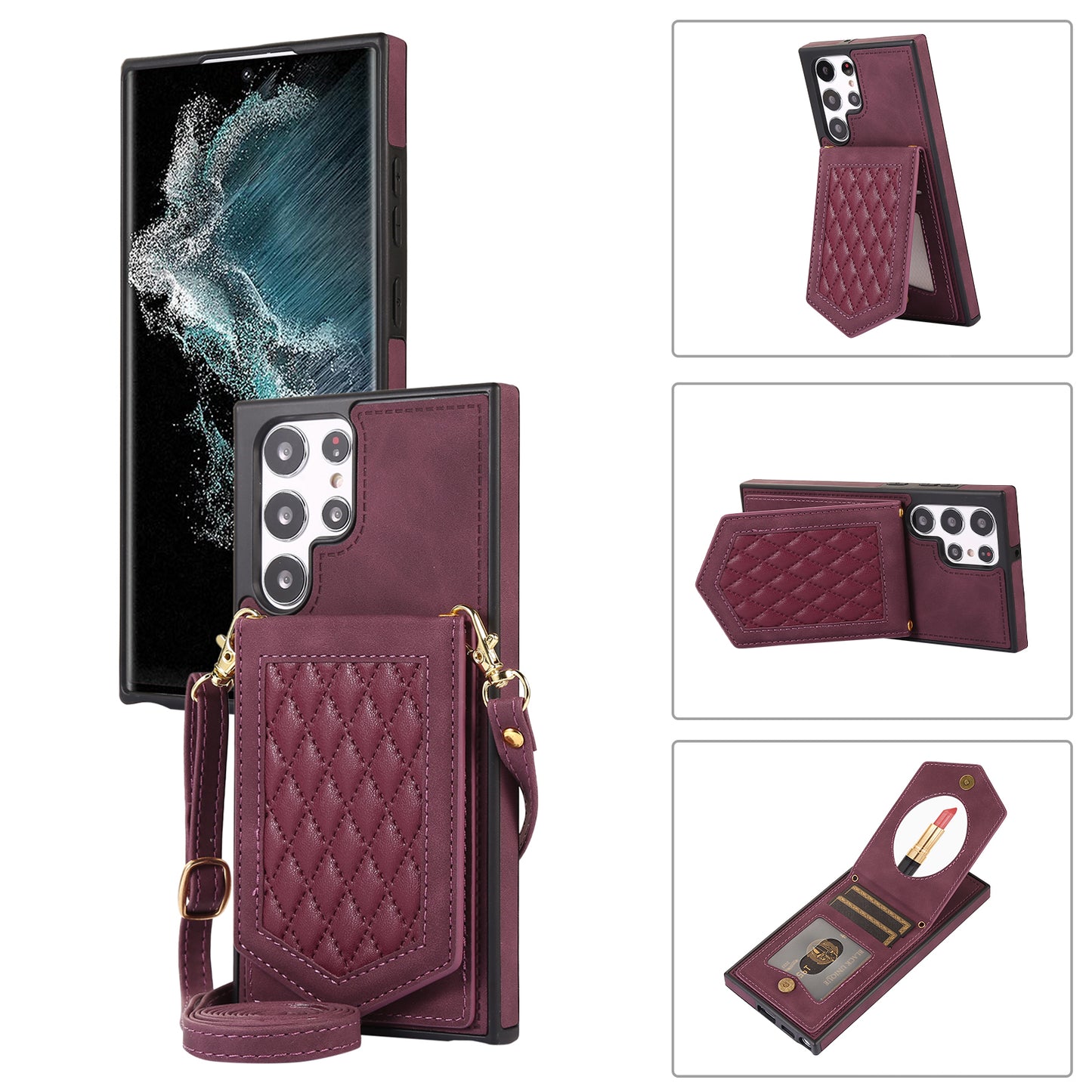 For Samsung Galaxy S24 Ultra Phone Case Kickstand Make Up Mirror Cover with Shoulder Strap - Wine Red