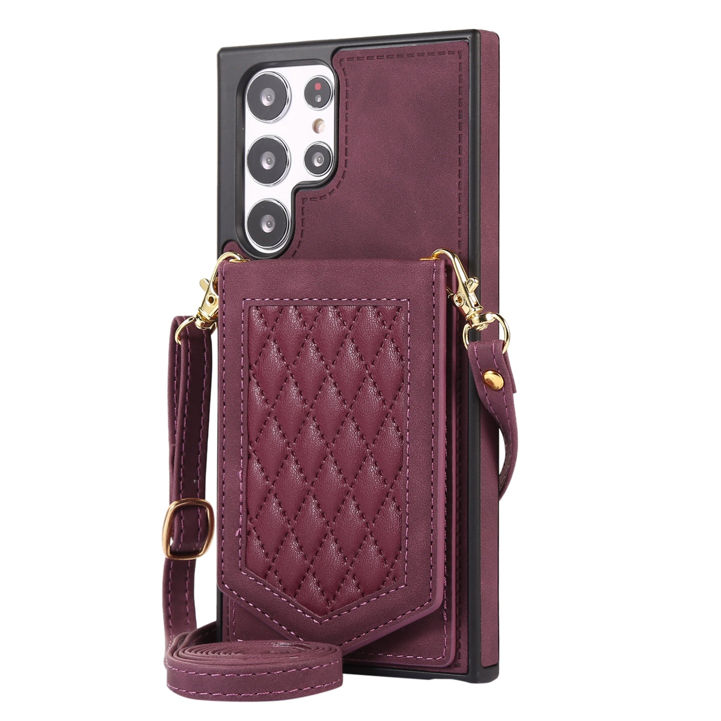 For Samsung Galaxy S24 Ultra Phone Case Kickstand Make Up Mirror Cover with Shoulder Strap - Wine Red