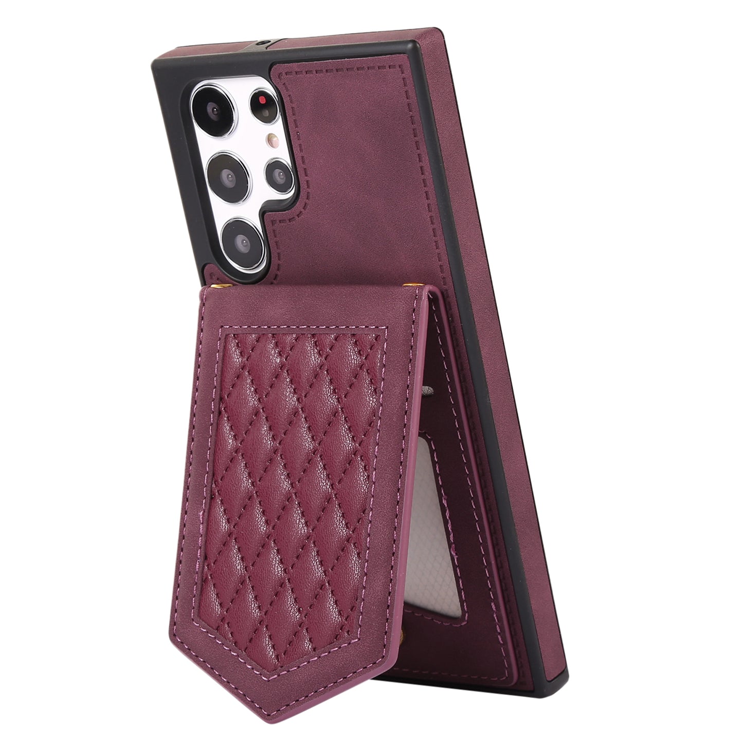 For Samsung Galaxy S24 Ultra Phone Case Kickstand Make Up Mirror Cover with Shoulder Strap - Wine Red