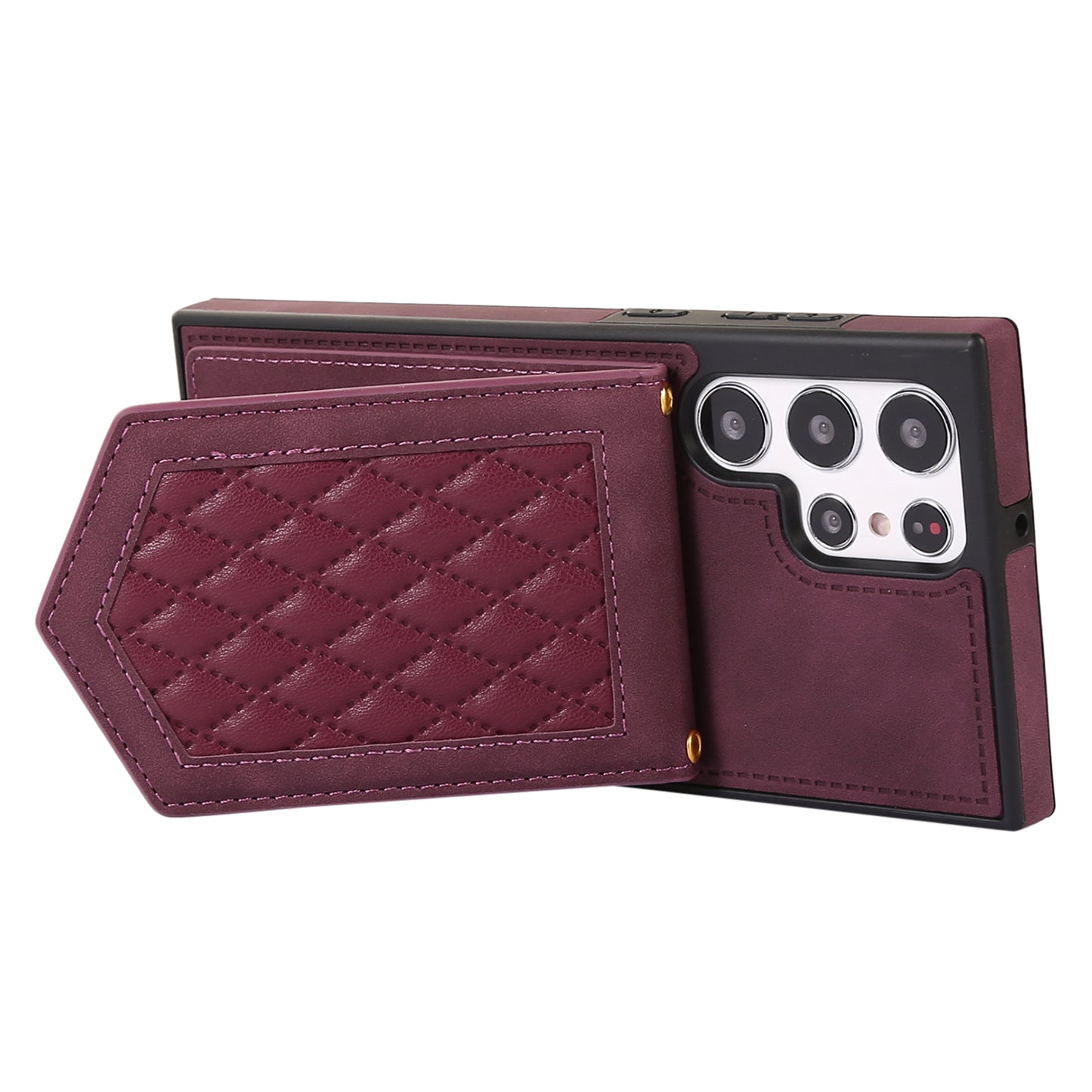 For Samsung Galaxy S24 Ultra Phone Case Kickstand Make Up Mirror Cover with Shoulder Strap - Wine Red