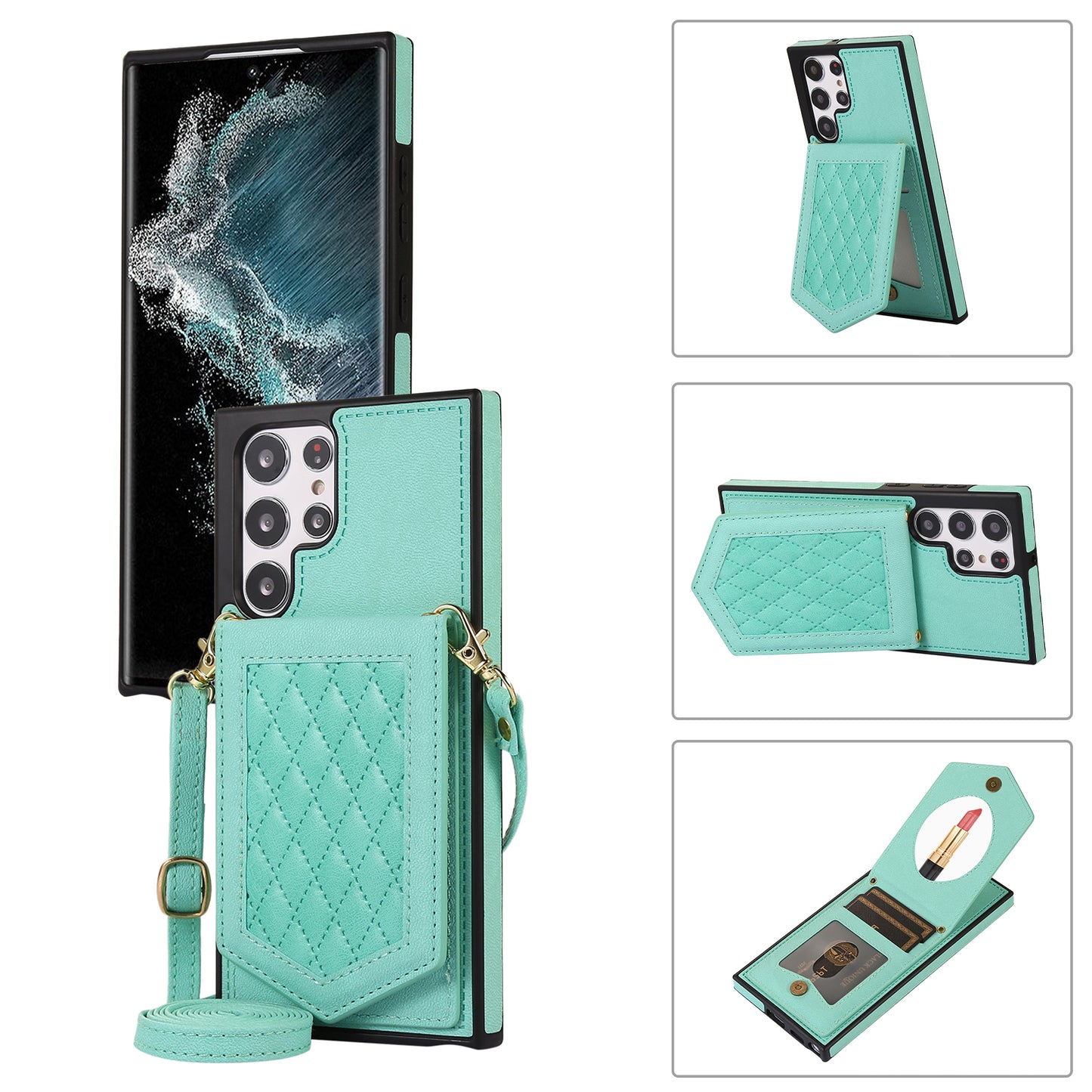 For Samsung Galaxy S24 Ultra Phone Case Kickstand Make Up Mirror Cover with Shoulder Strap - Mint Green