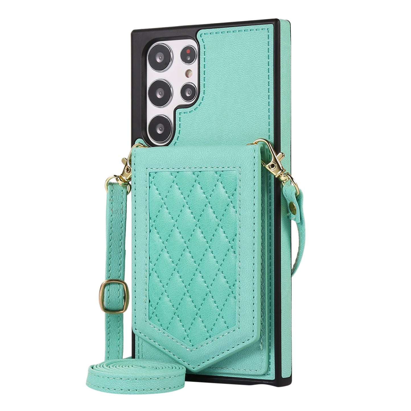 For Samsung Galaxy S24 Ultra Phone Case Kickstand Make Up Mirror Cover with Shoulder Strap - Mint Green
