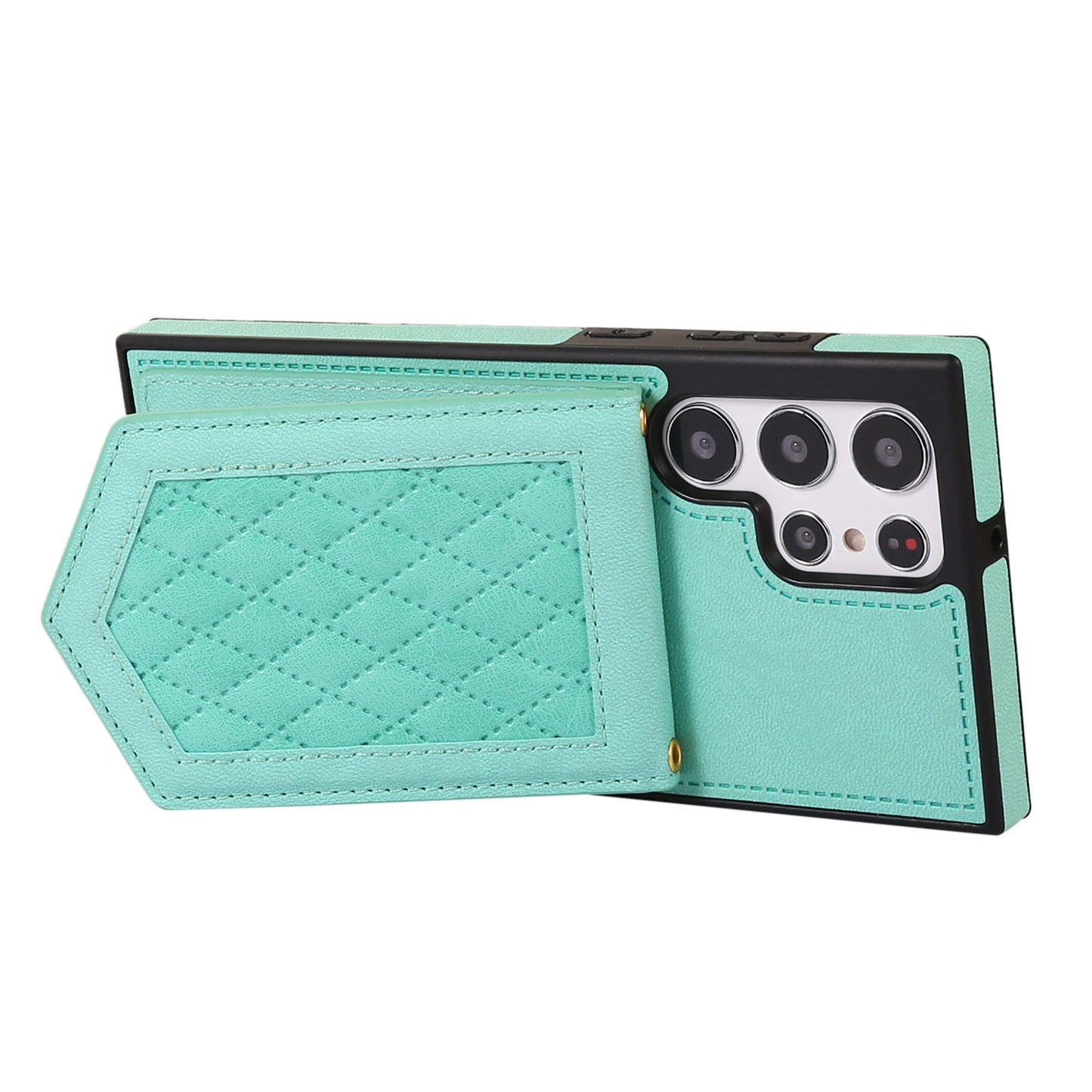 For Samsung Galaxy S24 Ultra Phone Case Kickstand Make Up Mirror Cover with Shoulder Strap - Mint Green