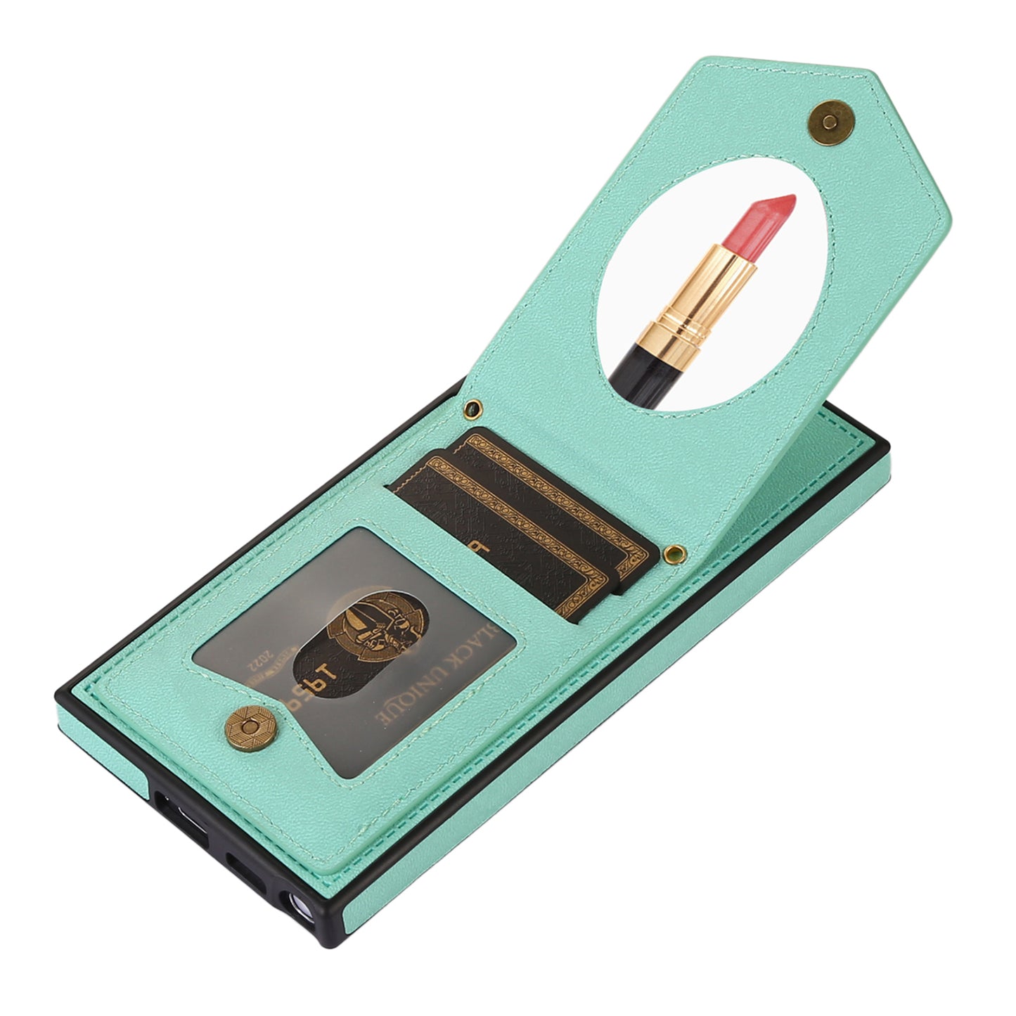 For Samsung Galaxy S24 Ultra Phone Case Kickstand Make Up Mirror Cover with Shoulder Strap - Mint Green