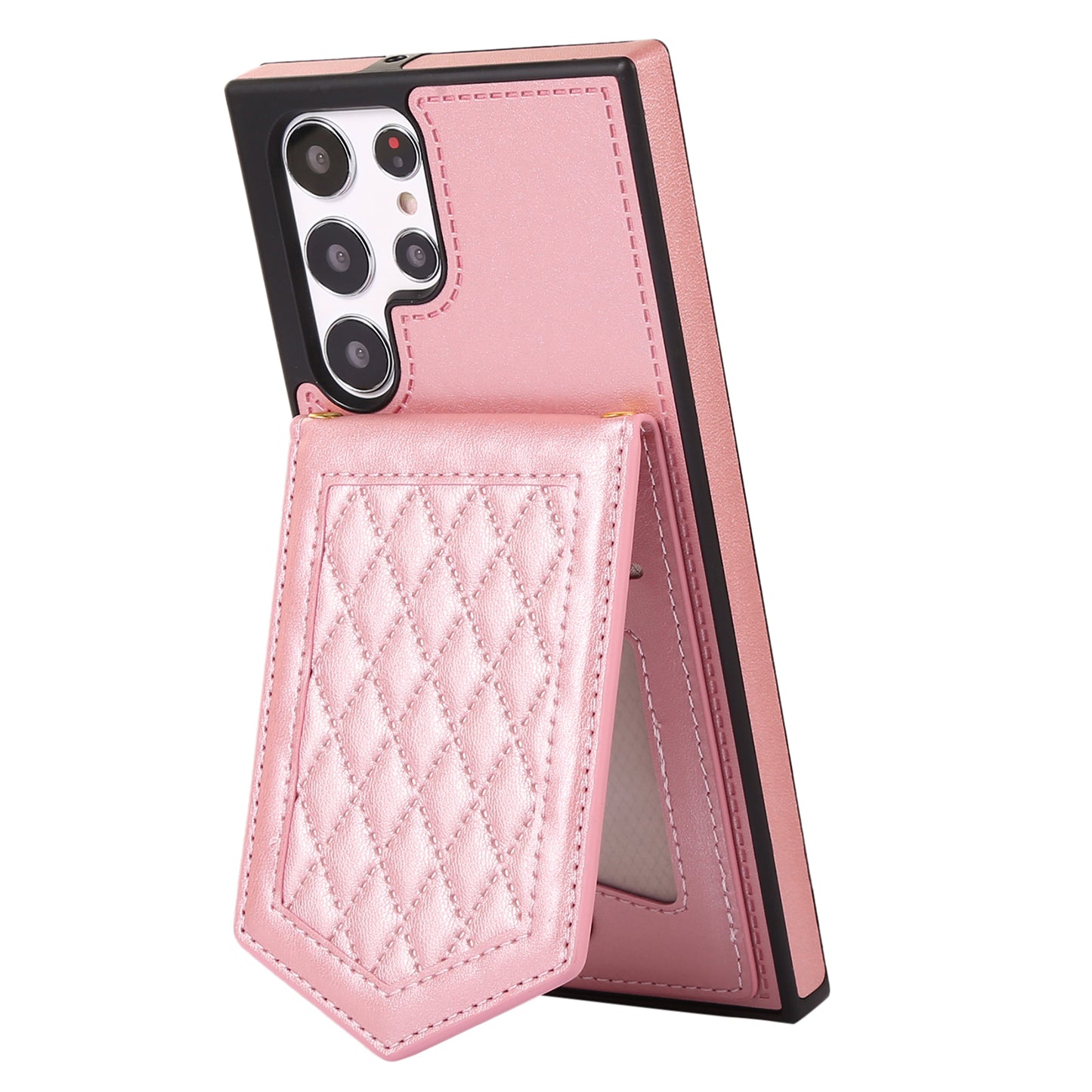 For Samsung Galaxy S24 Ultra Phone Case Kickstand Make Up Mirror Cover with Shoulder Strap - Rose Gold