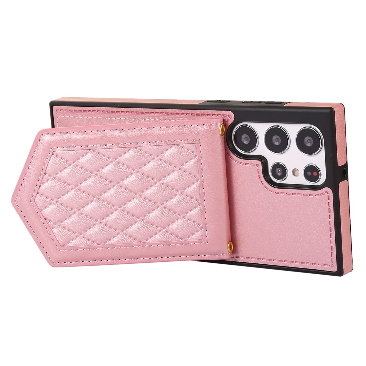For Samsung Galaxy S24 Ultra Phone Case Kickstand Make Up Mirror Cover with Shoulder Strap - Rose Gold