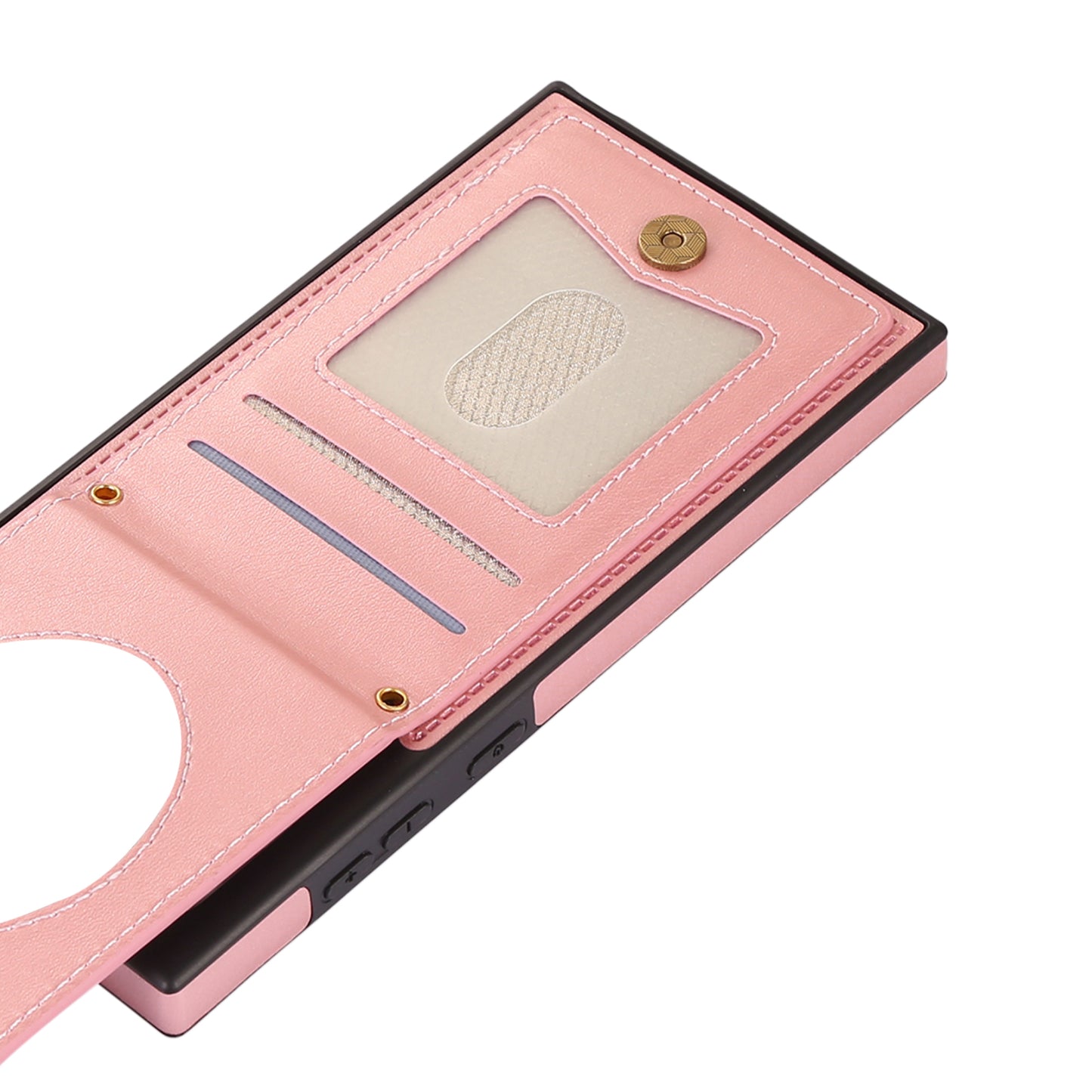 For Samsung Galaxy S24 Ultra Phone Case Kickstand Make Up Mirror Cover with Shoulder Strap - Rose Gold