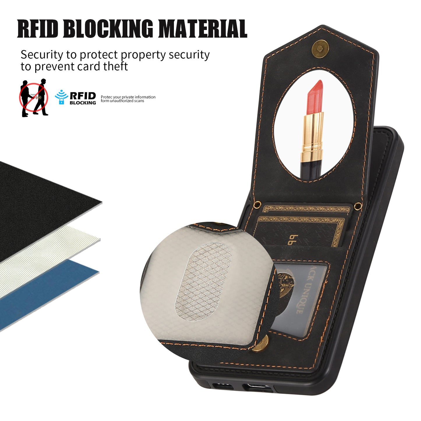 For Samsung Galaxy S24+ Phone Case RFID Blocking Hidden Mirror Cover with Shoulder Strap - Black