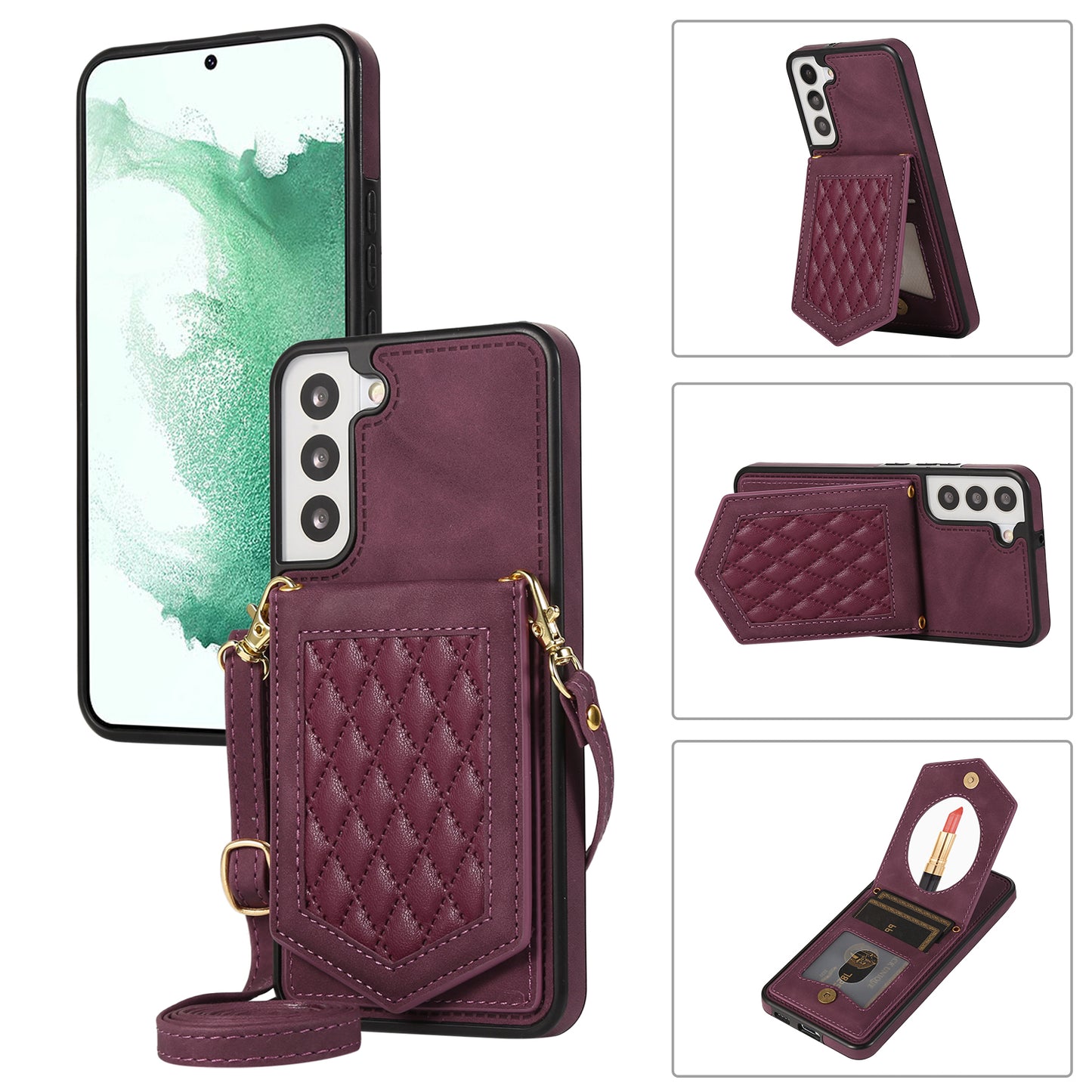 For Samsung Galaxy S24+ Phone Case RFID Blocking Hidden Mirror Cover with Shoulder Strap - Wine Red