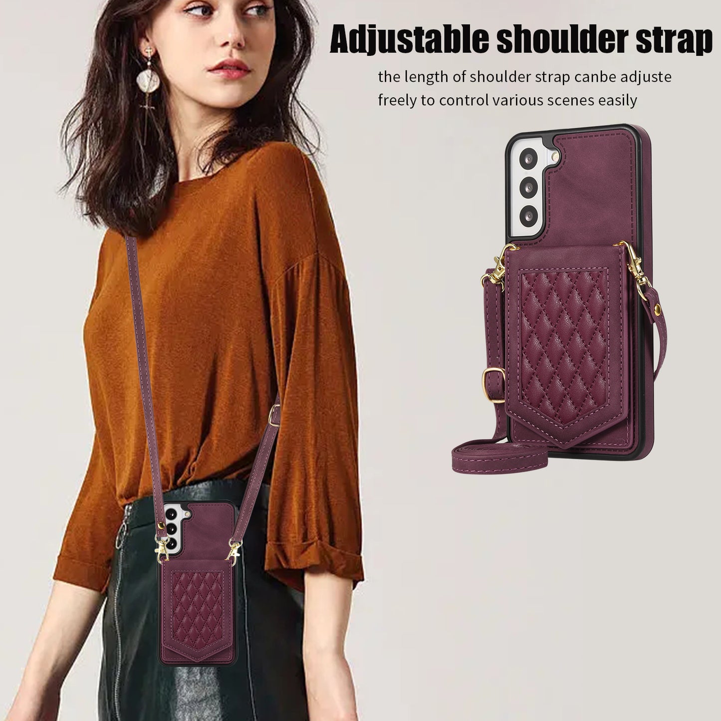 For Samsung Galaxy S24+ Phone Case RFID Blocking Hidden Mirror Cover with Shoulder Strap - Wine Red