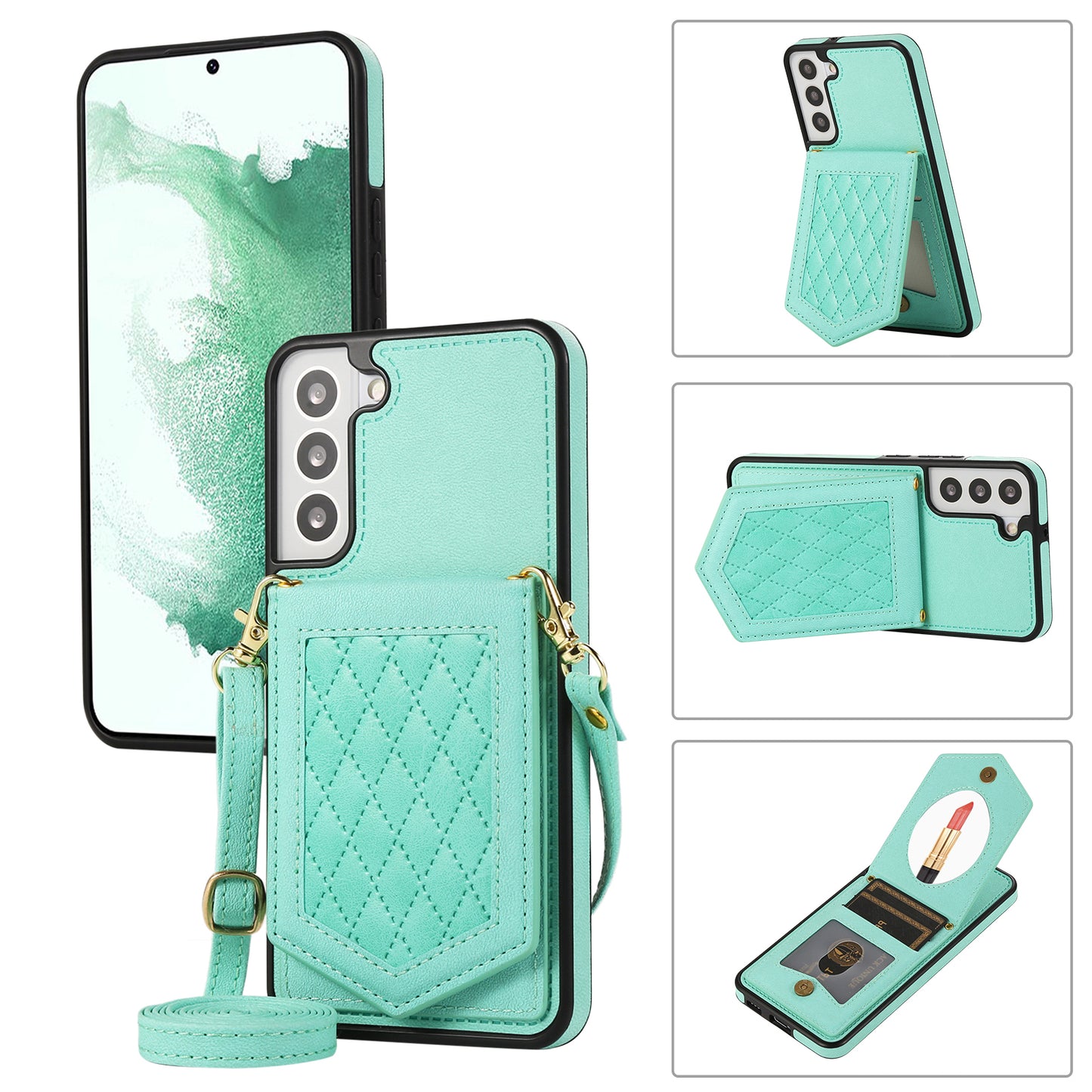 For Samsung Galaxy S24+ Phone Case RFID Blocking Hidden Mirror Cover with Shoulder Strap - Mint Green