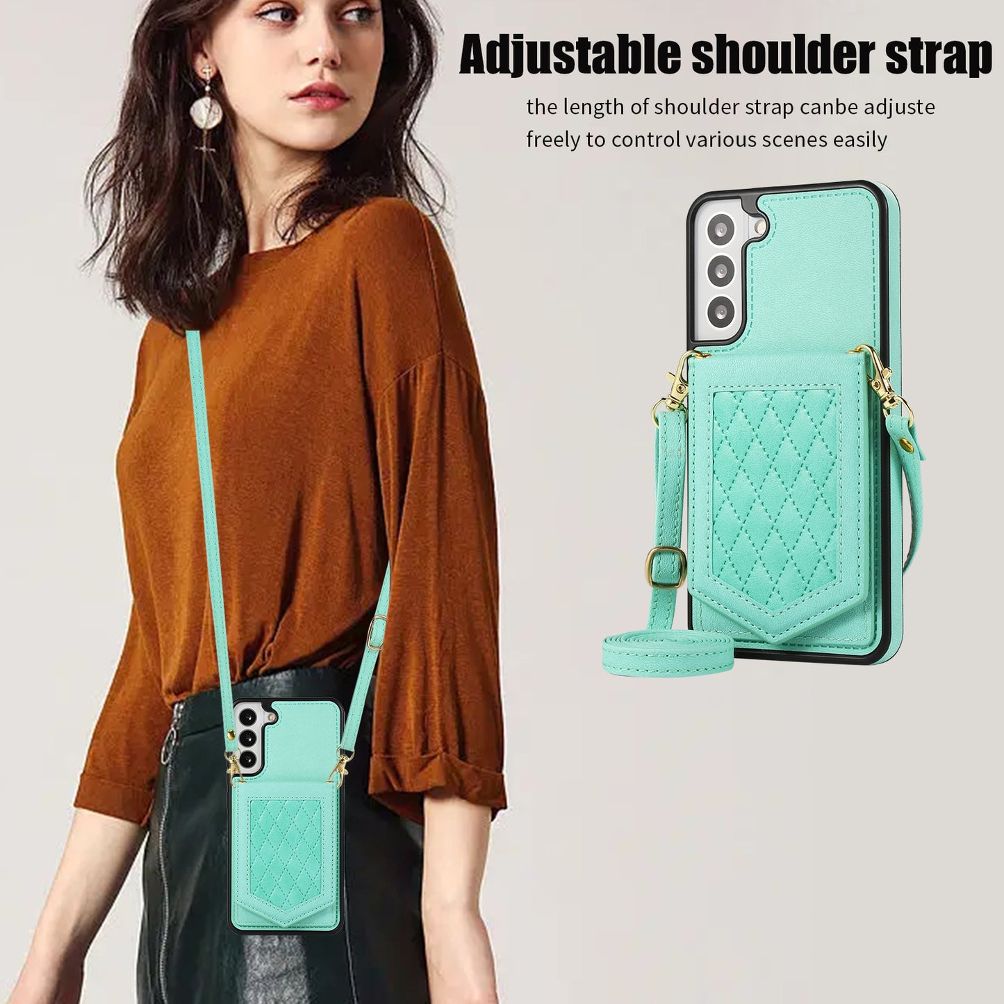 For Samsung Galaxy S24+ Phone Case RFID Blocking Hidden Mirror Cover with Shoulder Strap - Mint Green