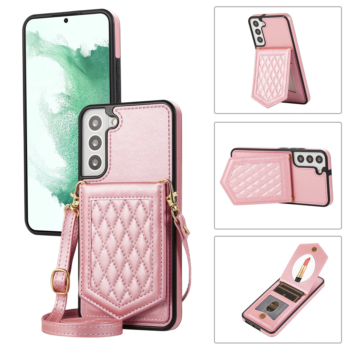 For Samsung Galaxy S24+ Phone Case RFID Blocking Hidden Mirror Cover with Shoulder Strap - Rose Gold