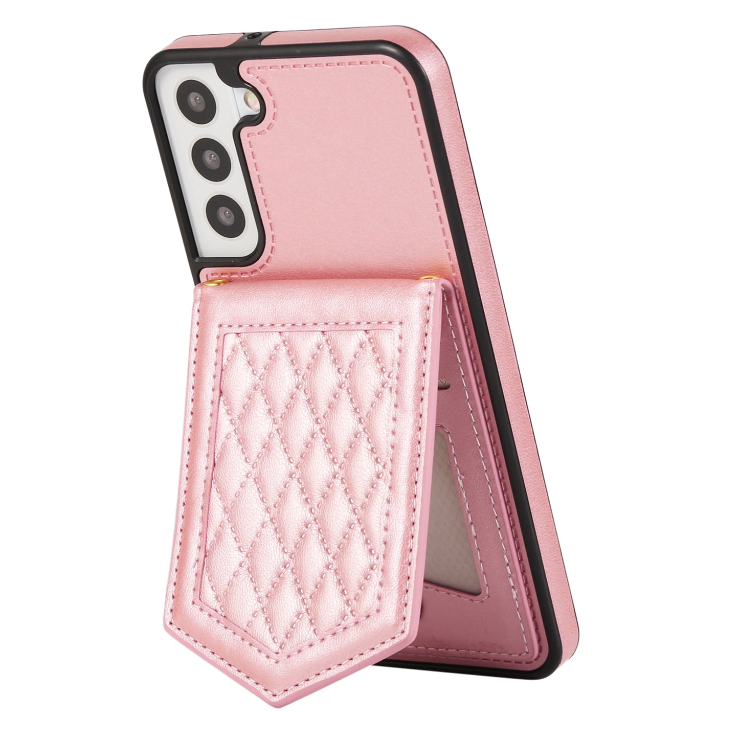 For Samsung Galaxy S24+ Phone Case RFID Blocking Hidden Mirror Cover with Shoulder Strap - Rose Gold